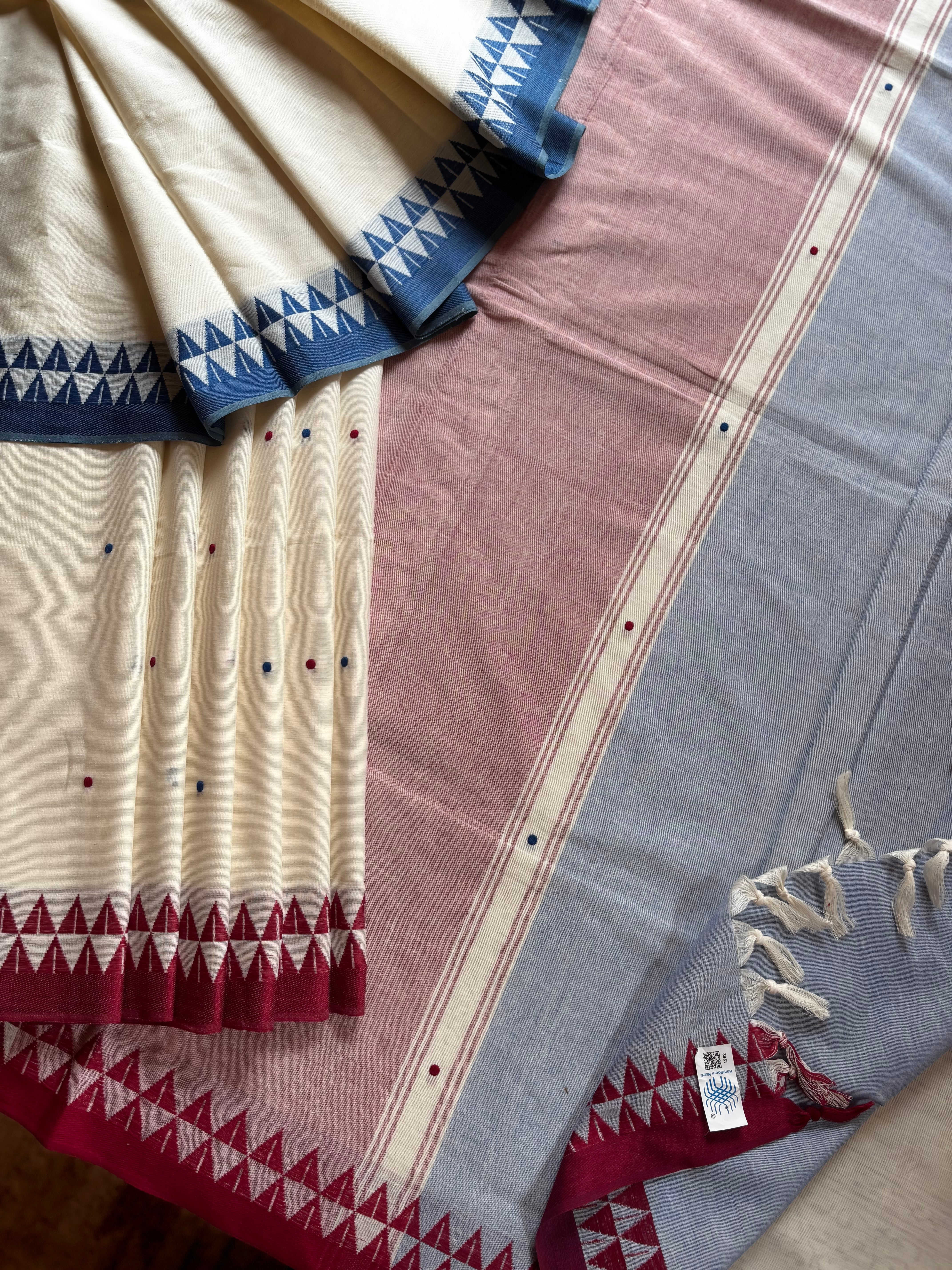 Handwoven Off White with Maroon Blue Begampuri Cotton Saree
