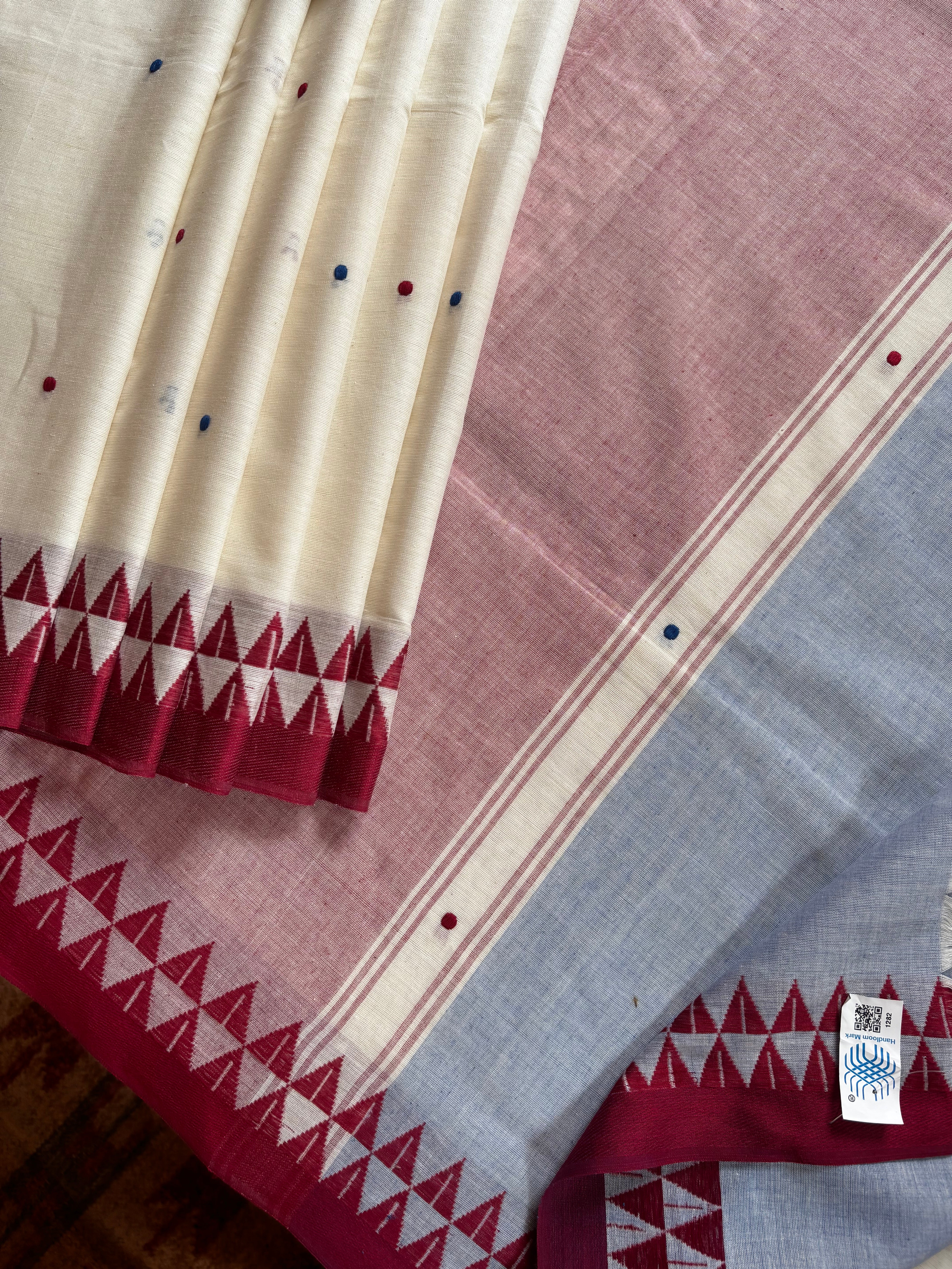 Handwoven Off White with Maroon Blue Begampuri Cotton Saree