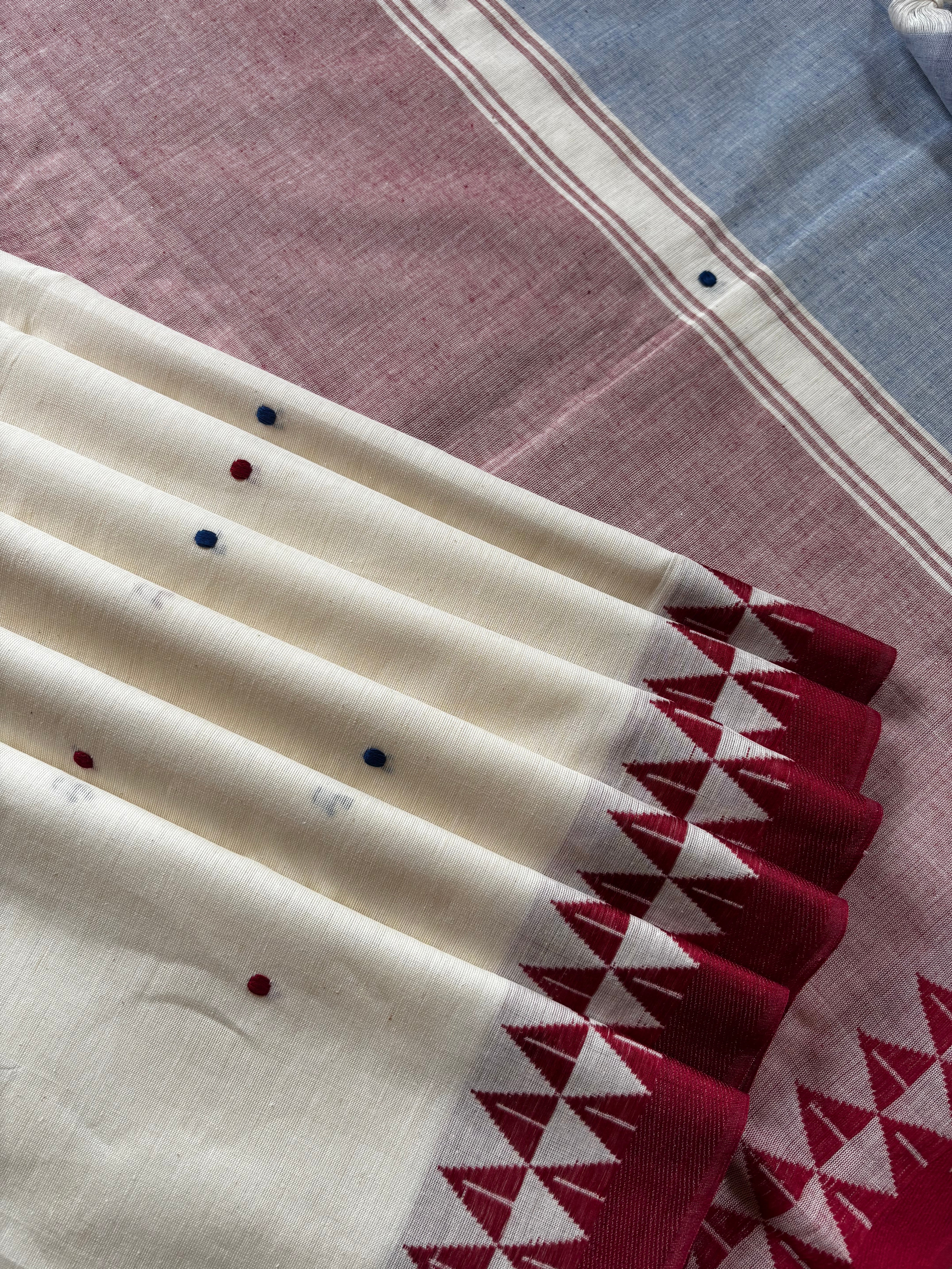 Handwoven Off White with Maroon Blue Begampuri Cotton Saree