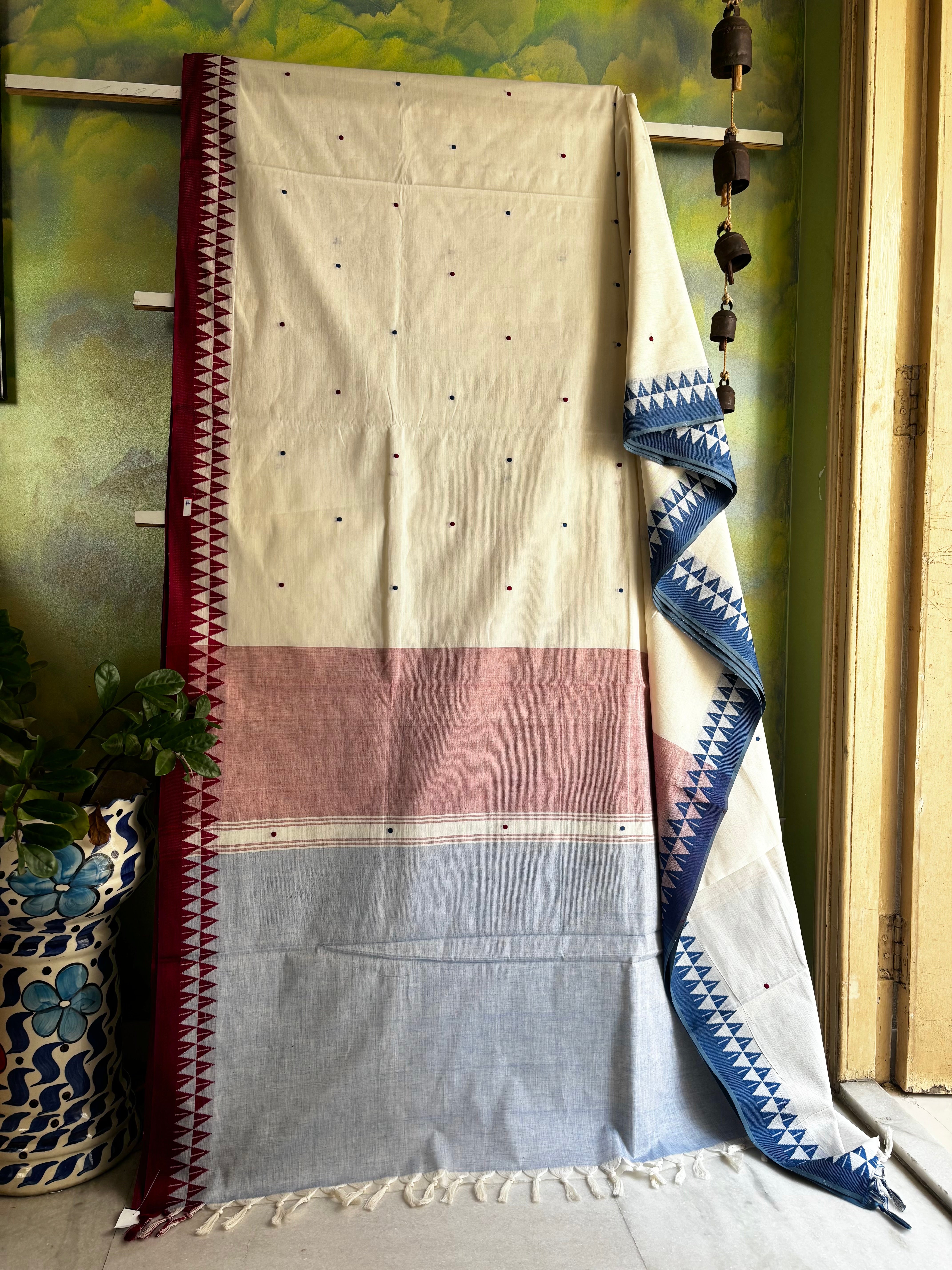 Handwoven Off White with Maroon Blue Begampuri Cotton Saree