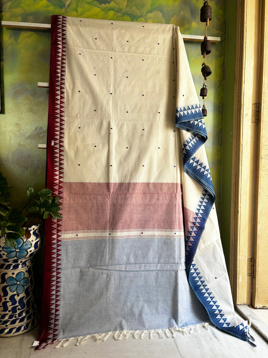 Handwoven Off White with Maroon Blue Begampuri Cotton Saree