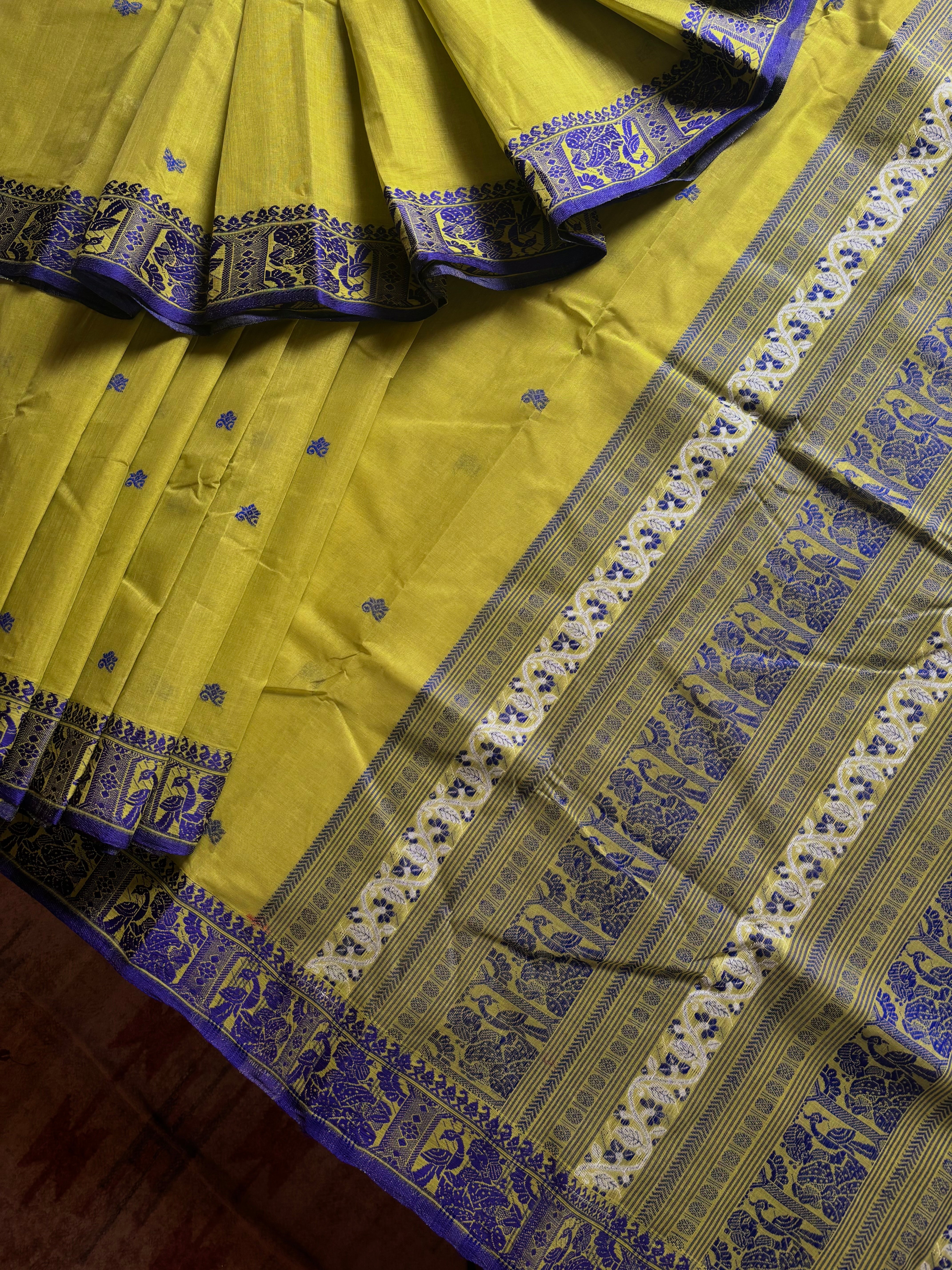 Handwoven Lime Green Cotton Baluchari Saree