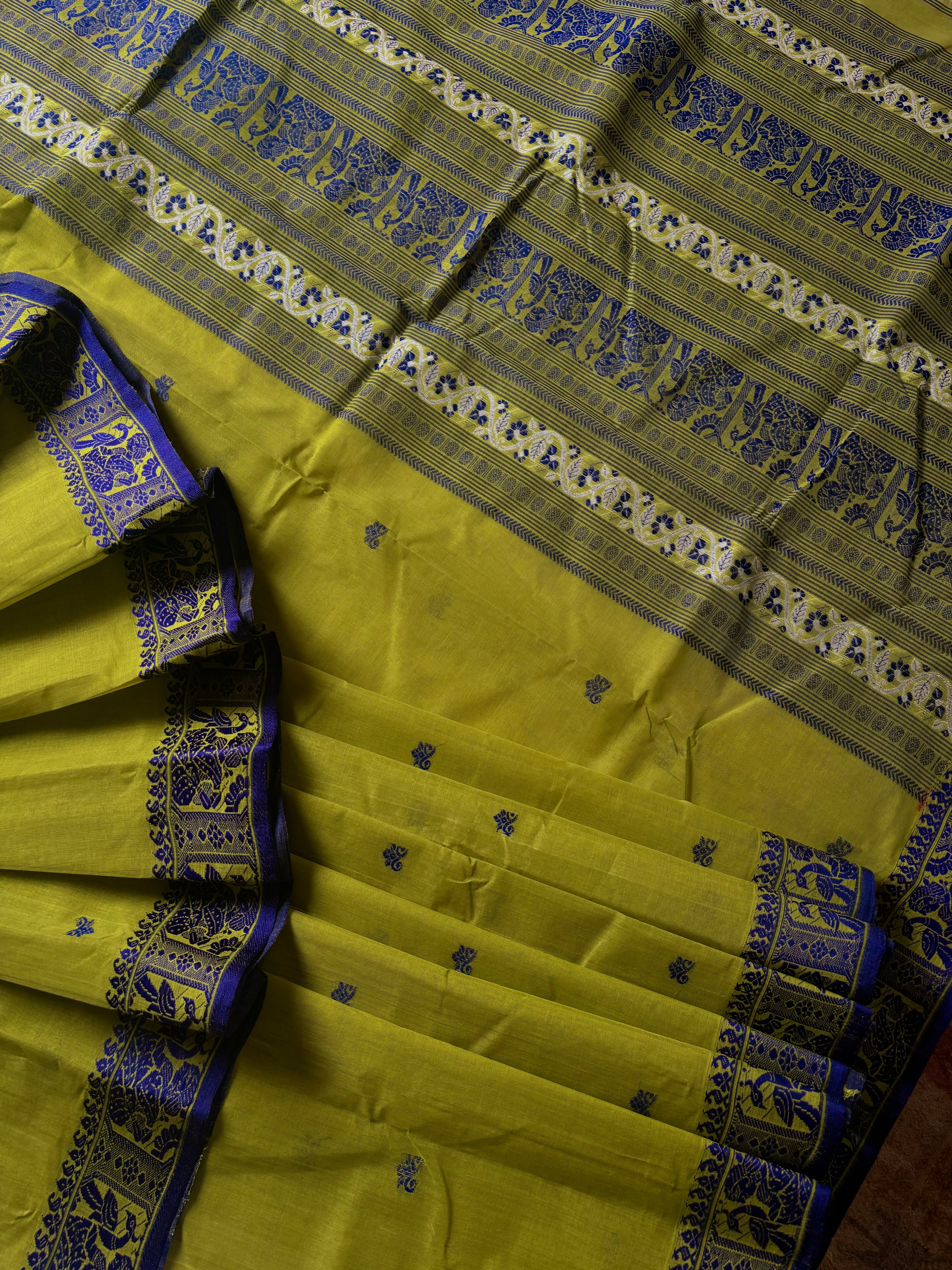 Handwoven Lime Green Cotton Baluchari Saree