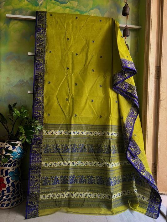 Handwoven Lime Green Cotton Baluchari Saree