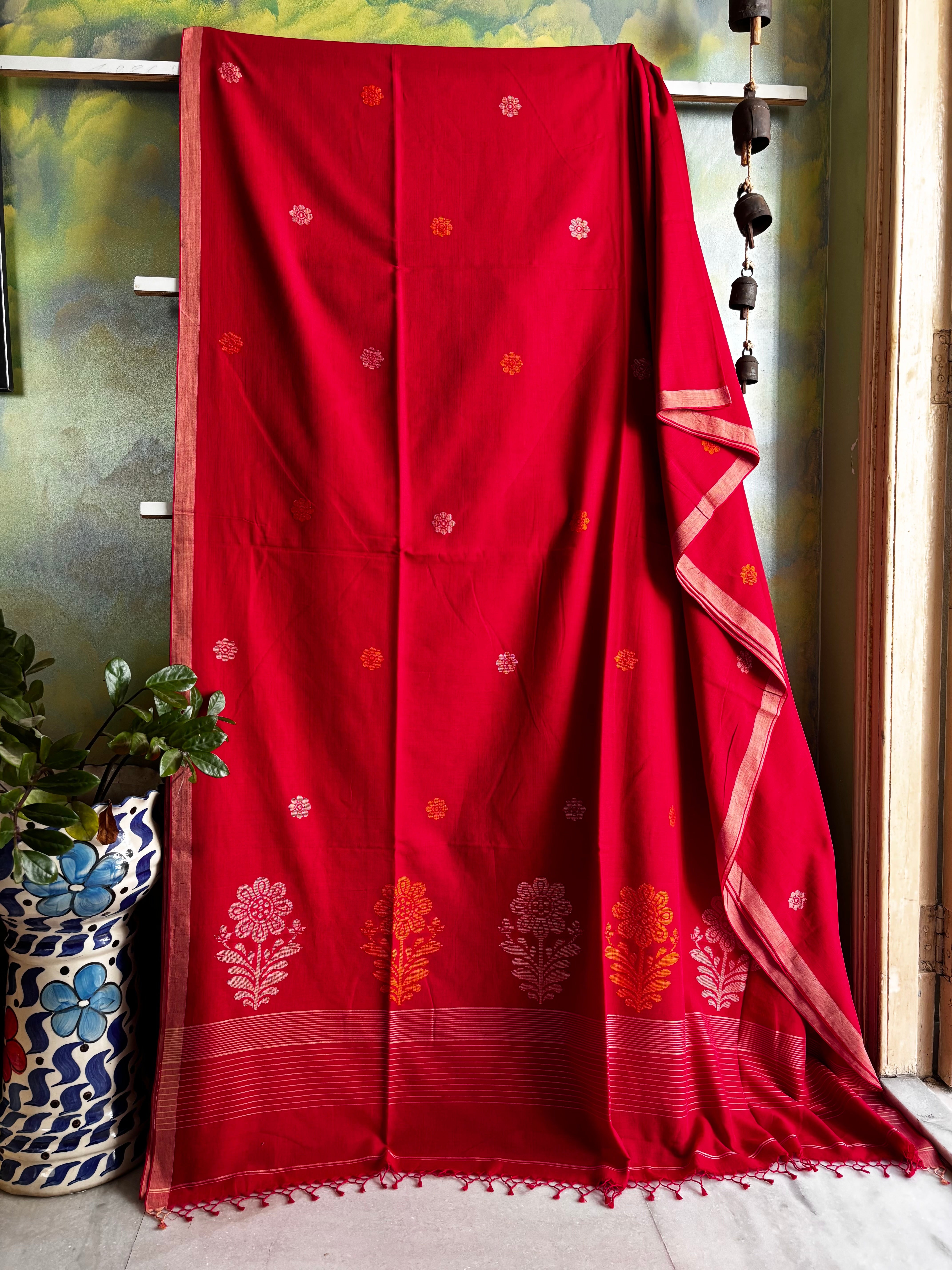 Handwoven Red Phulia Cotton Jamdani