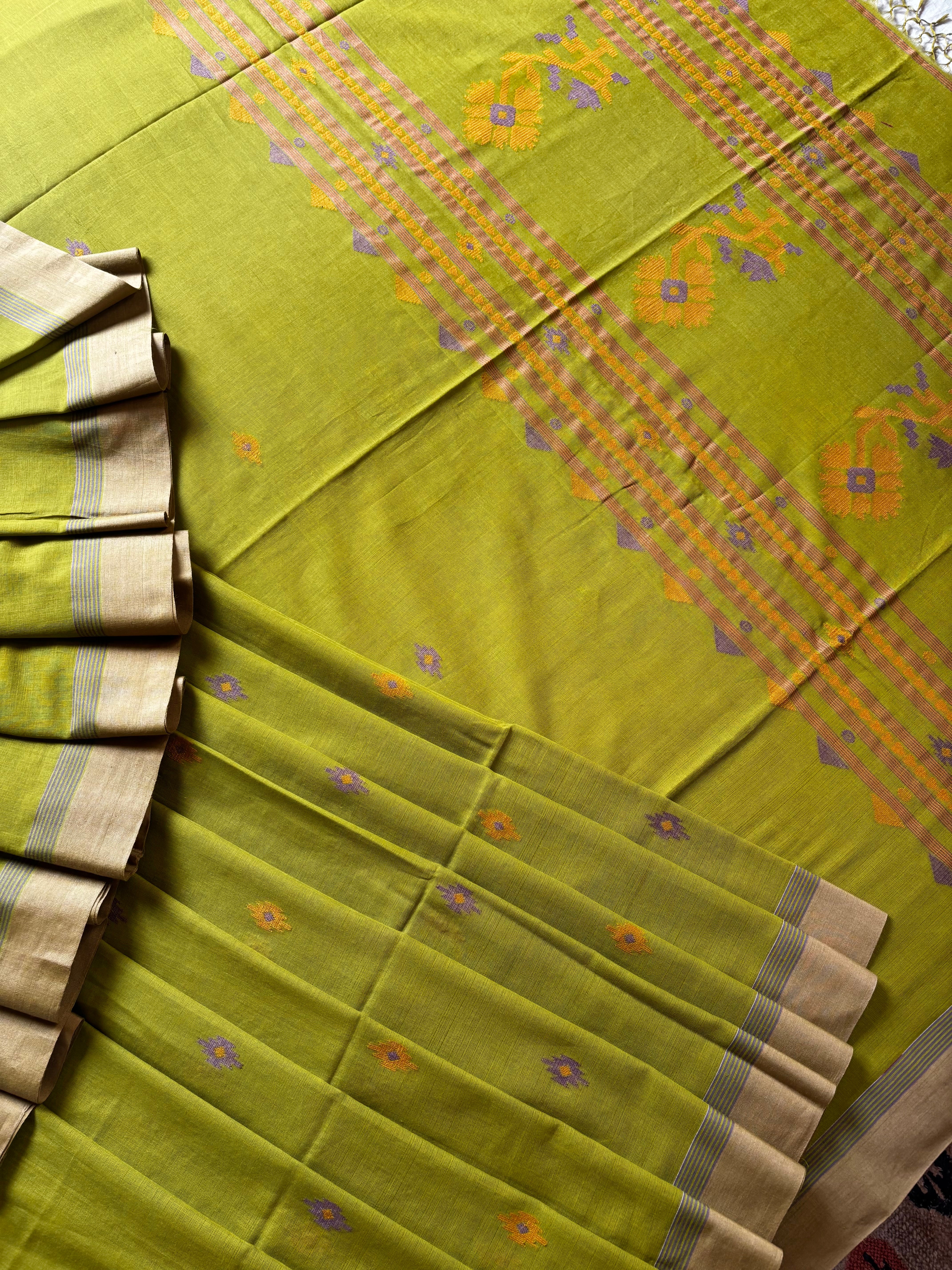 Handwoven Light Matte Olive Green Colour Cotton Jamdani Saree