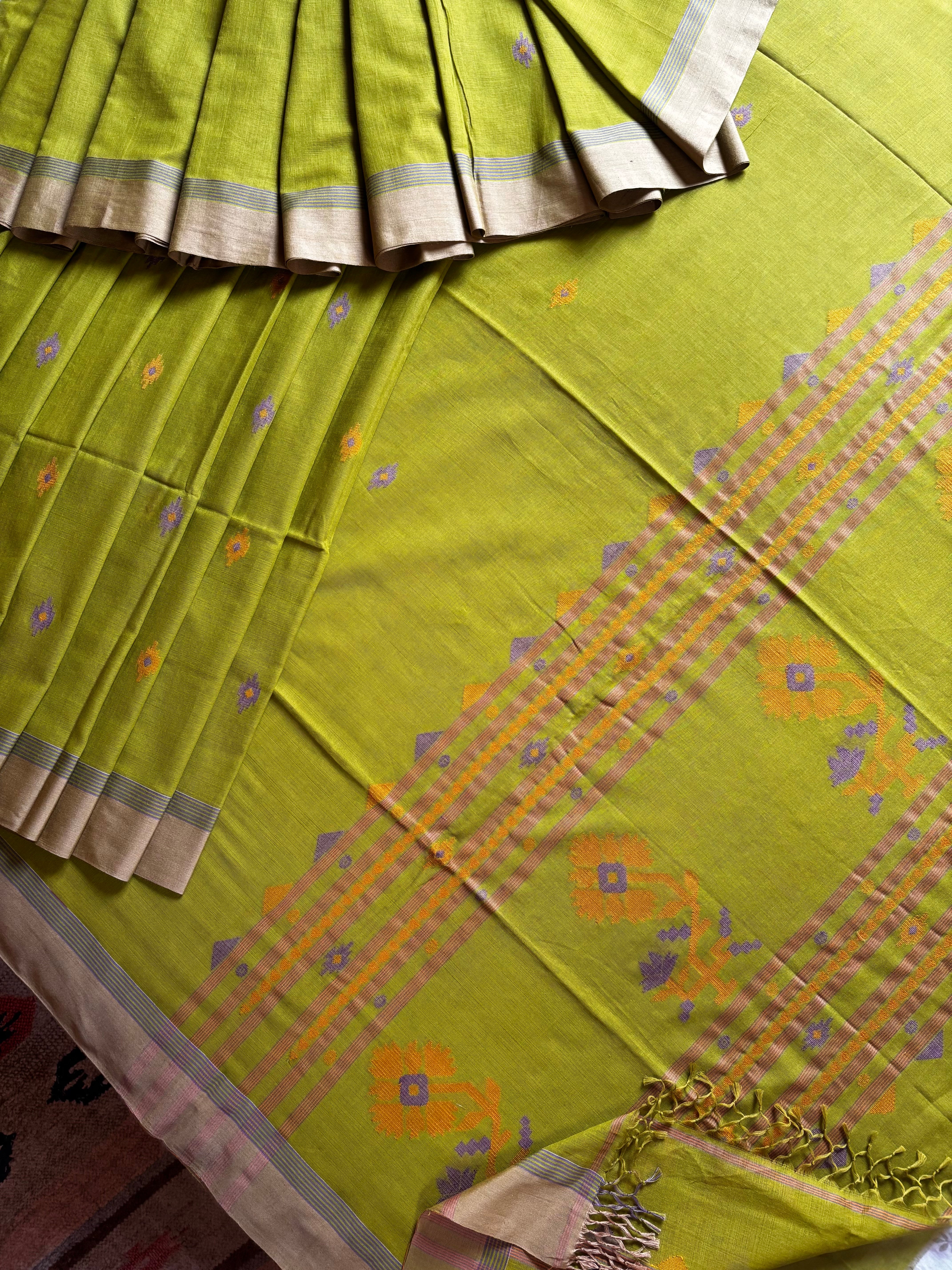 Handwoven Light Matte Olive Green Colour Cotton Jamdani Saree