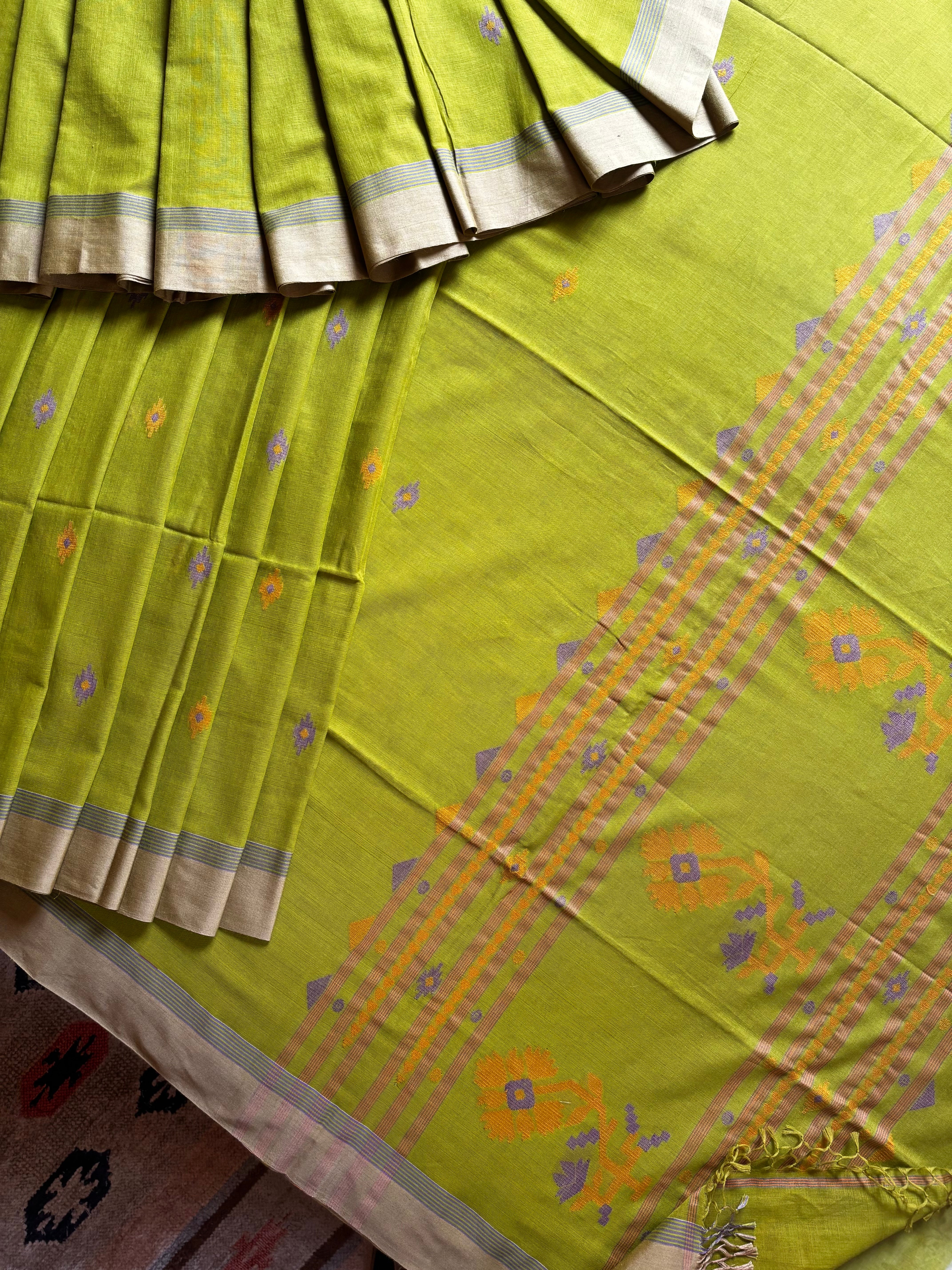 Handwoven Light Matte Olive Green Colour Cotton Jamdani Saree