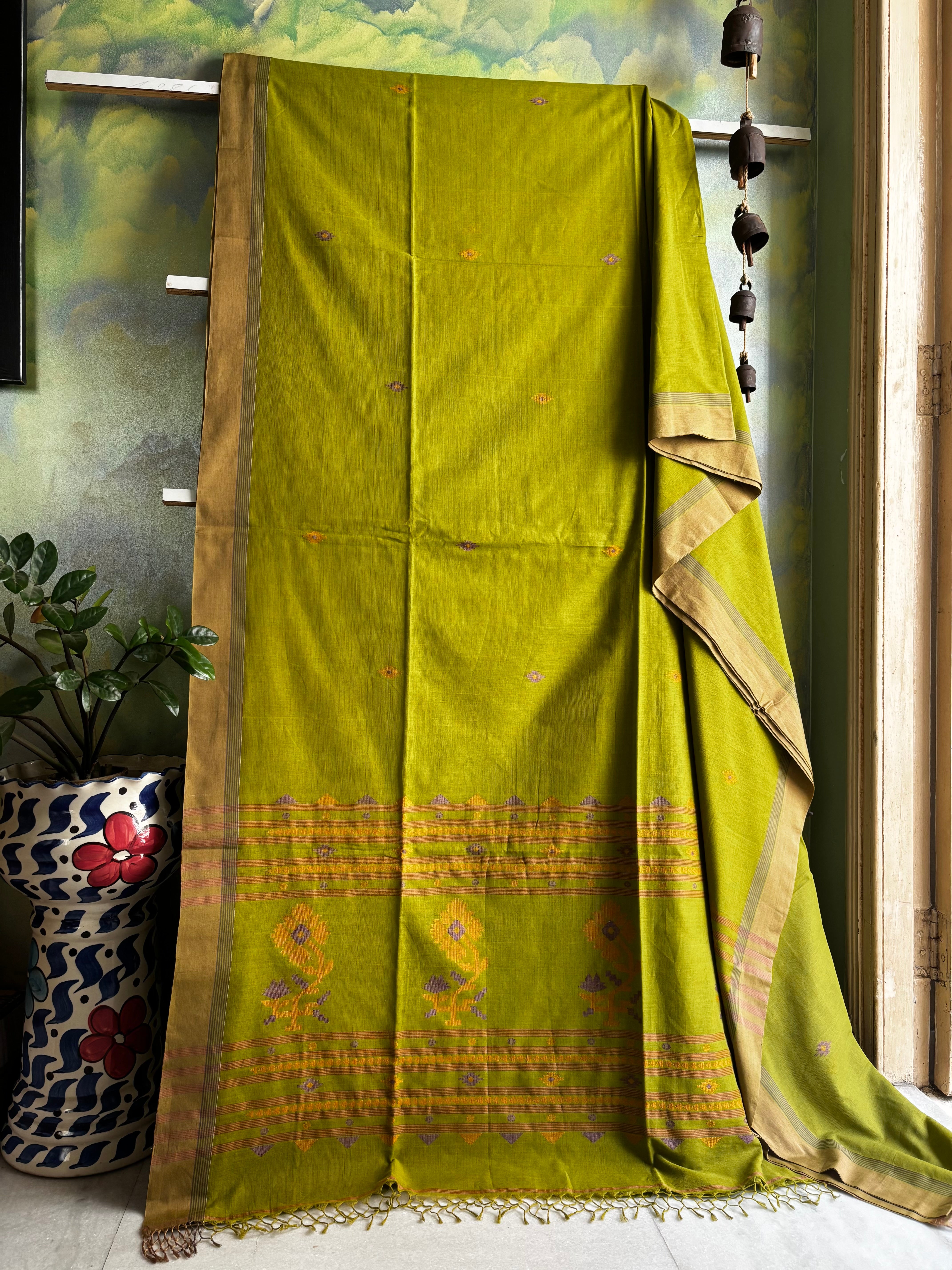 Handwoven Light Matte Olive Green Colour Cotton Jamdani Saree