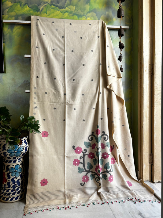 Handwoven Cream Colour Phulia Jamdani Saree