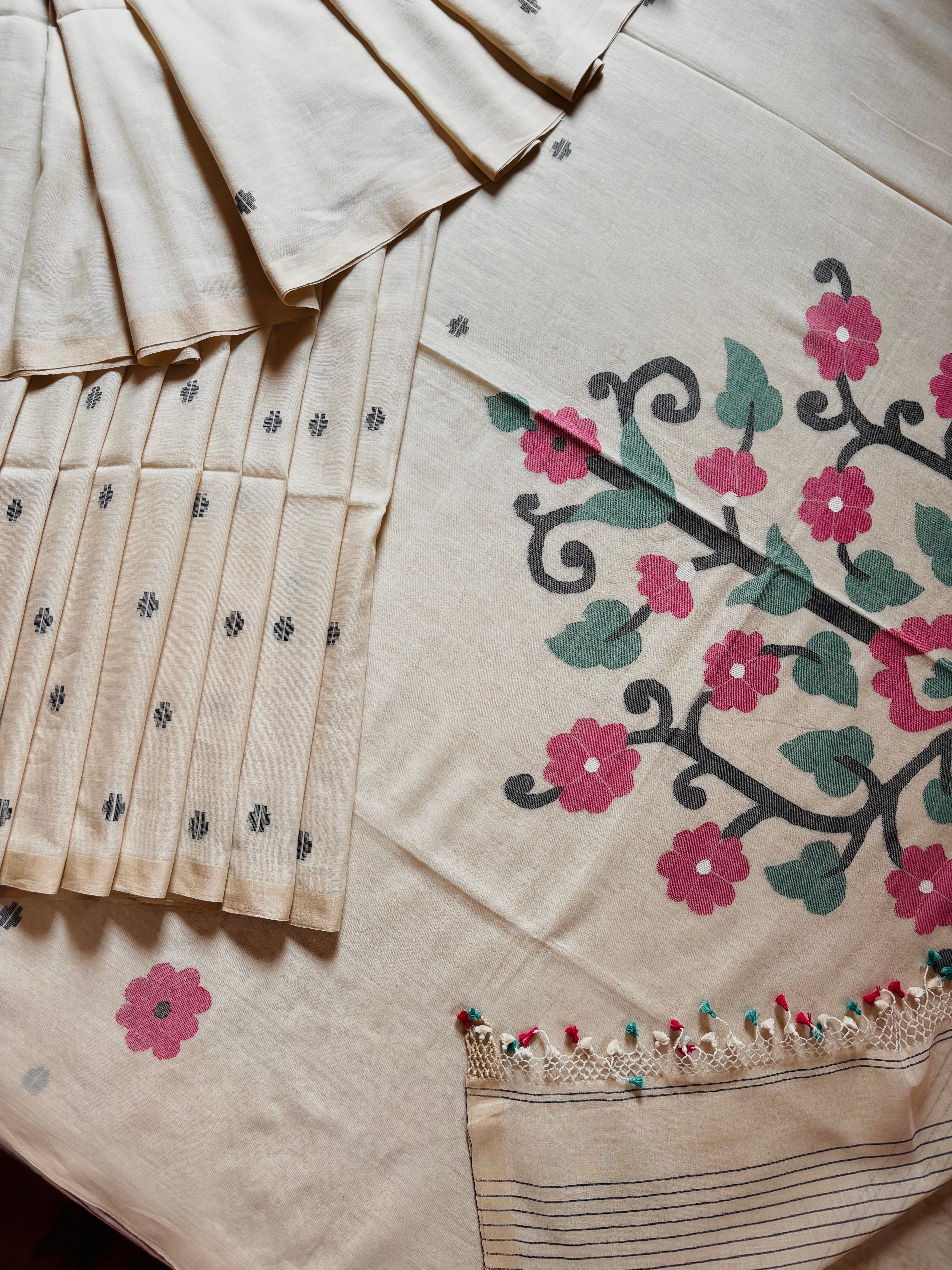 Handwoven Cream Colour Phulia Jamdani Saree