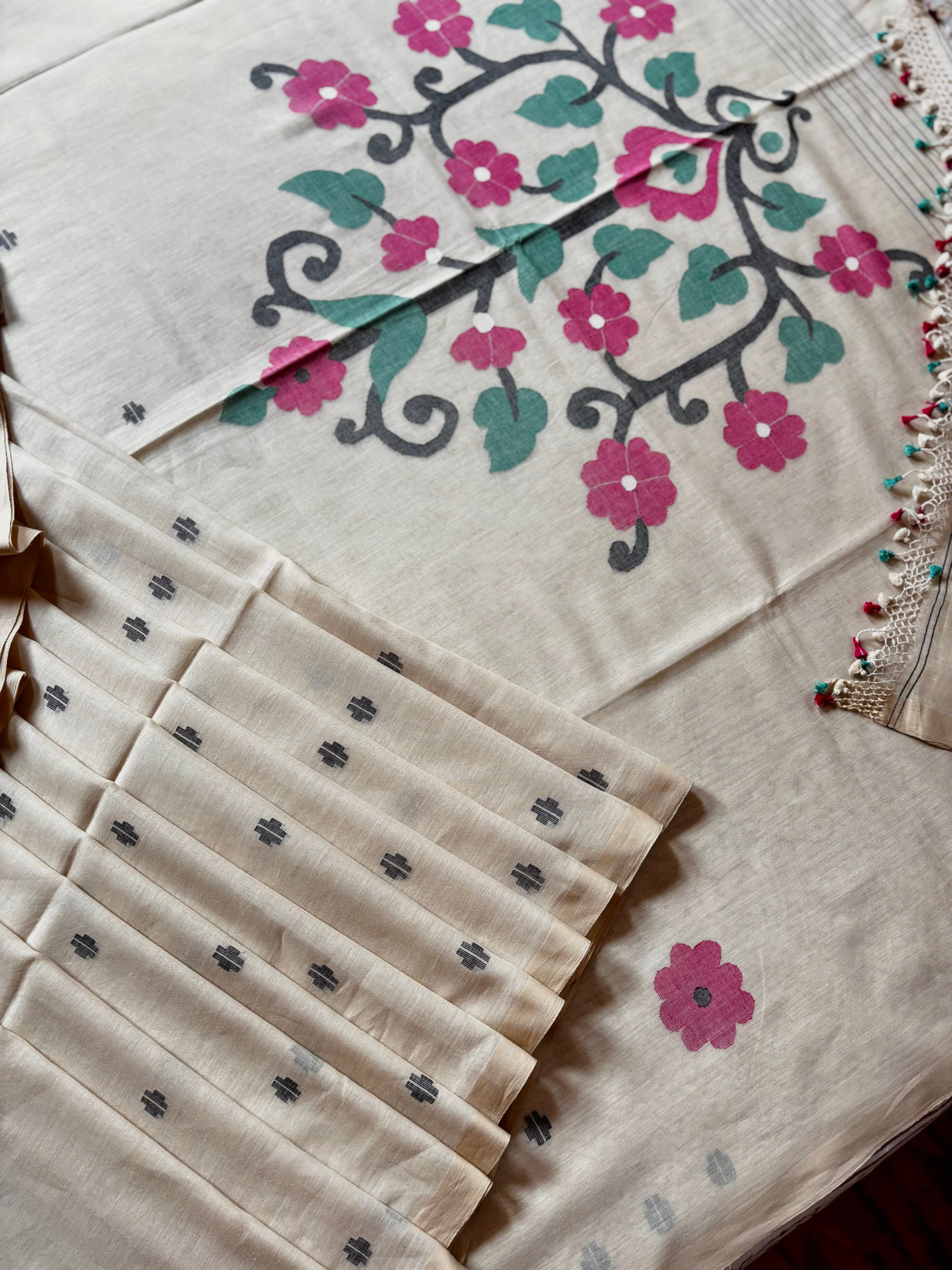 Handwoven Cream Colour Phulia Jamdani Saree