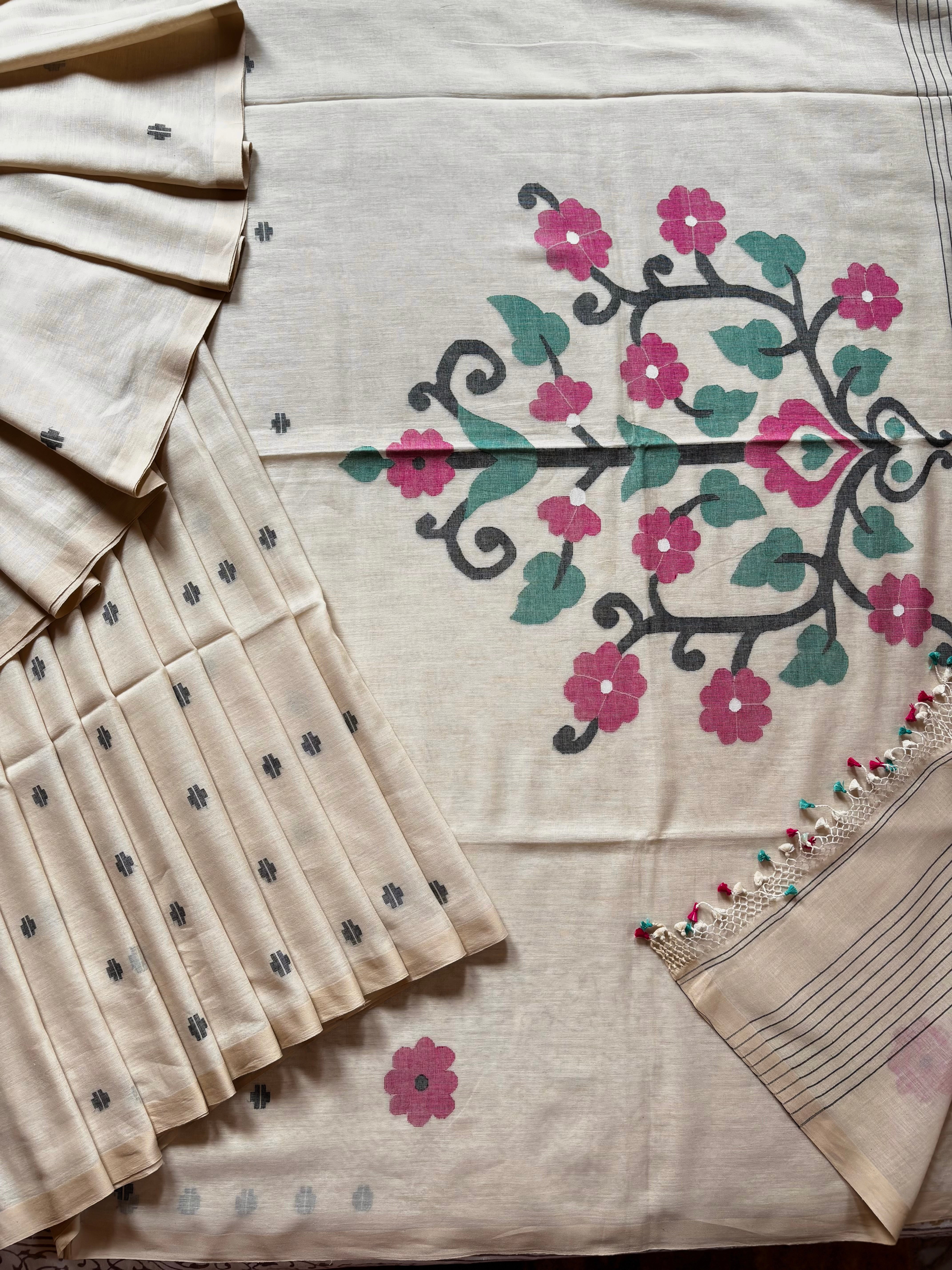 Handwoven Cream Colour Phulia Jamdani Saree