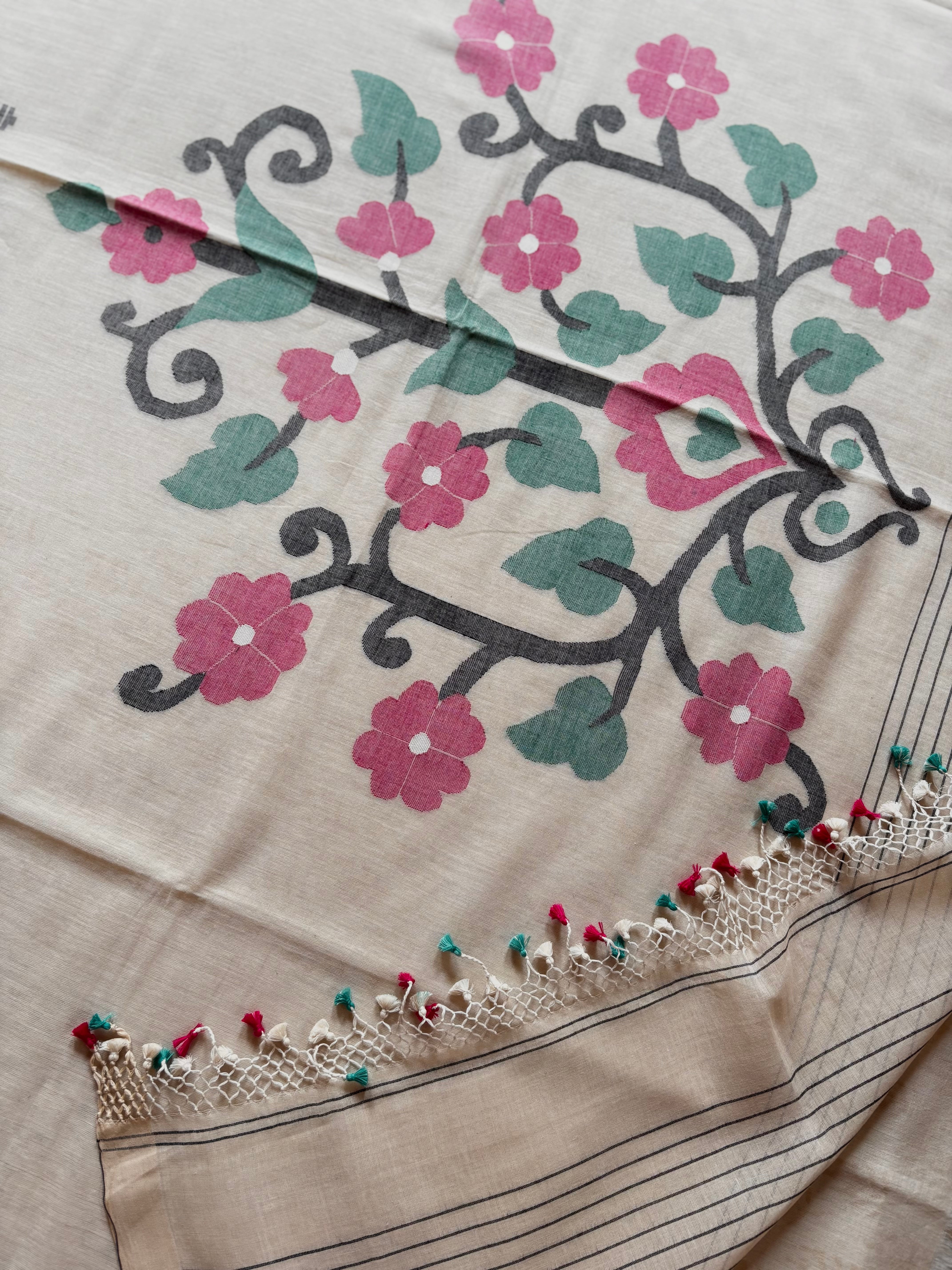 Handwoven Cream Colour Phulia Jamdani Saree