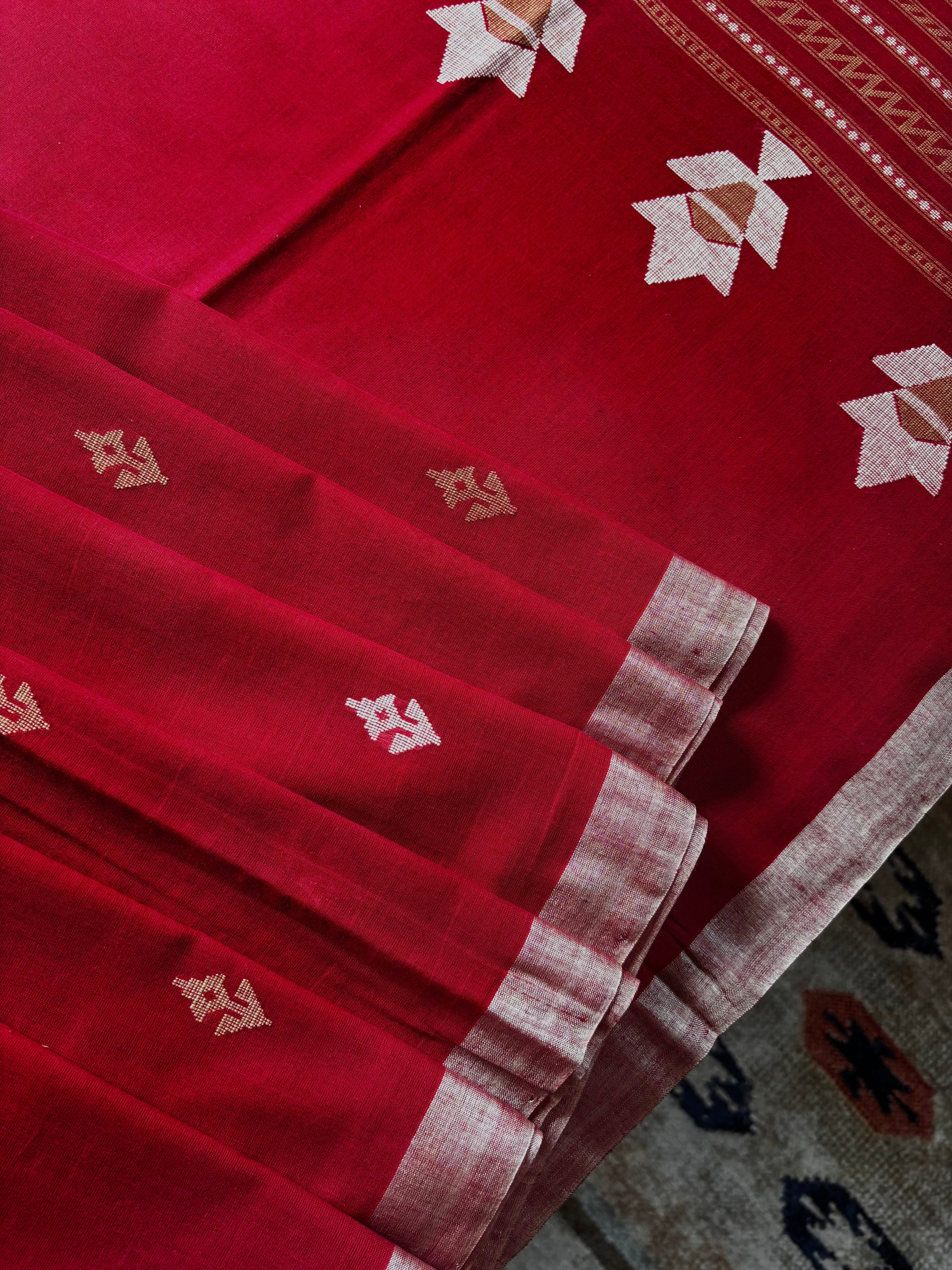 Handwoven Dark Red Colour Cotton Jamdani Saree