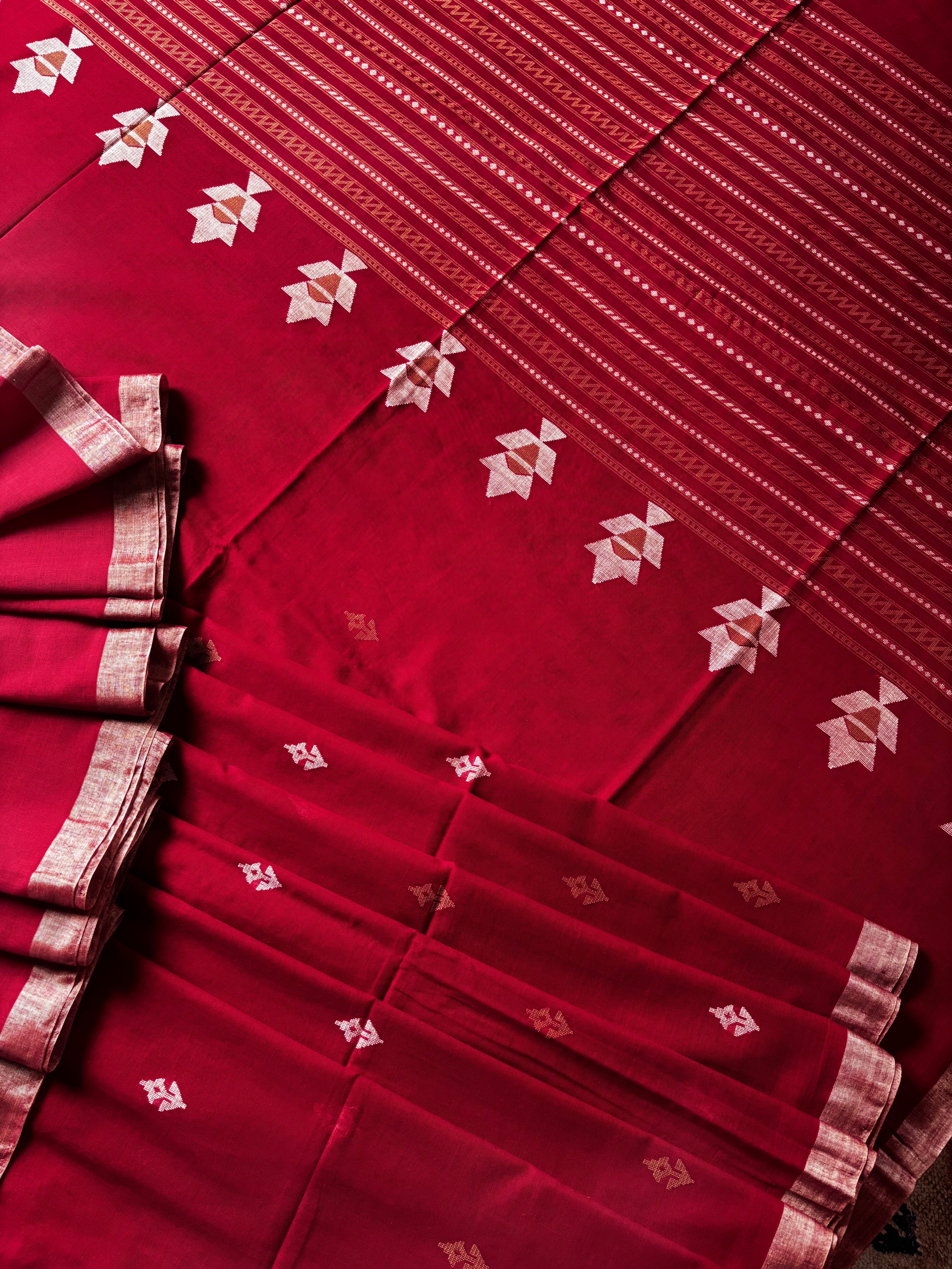 Handwoven Dark Red Colour Cotton Jamdani Saree