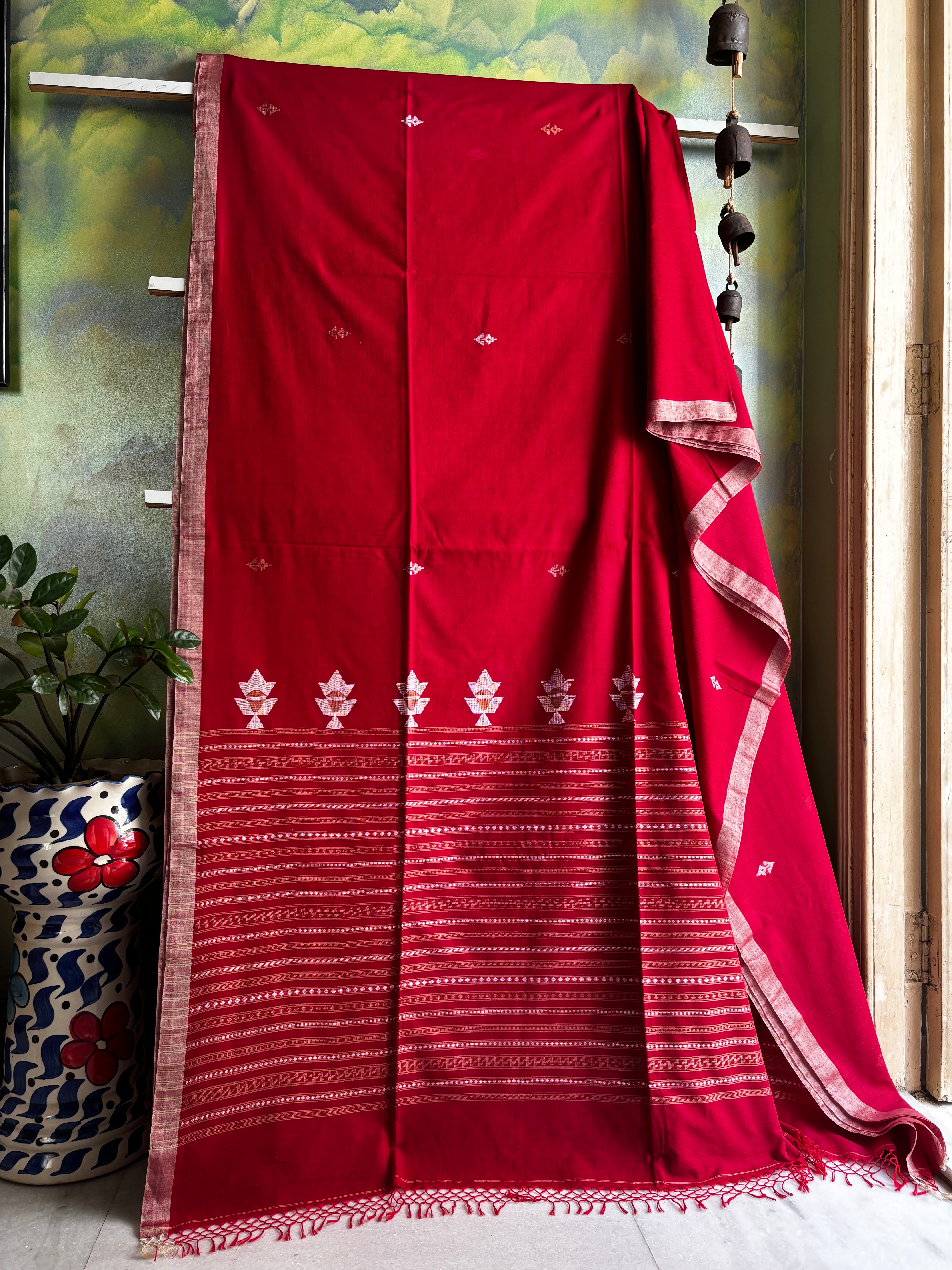 Handwoven Dark Red Colour Cotton Jamdani Saree