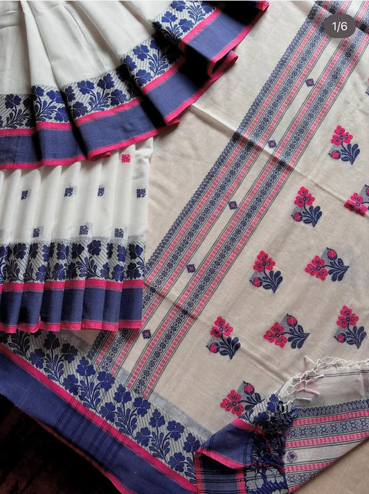 Handwoven White Blue Pink Phulia Cotton Saree