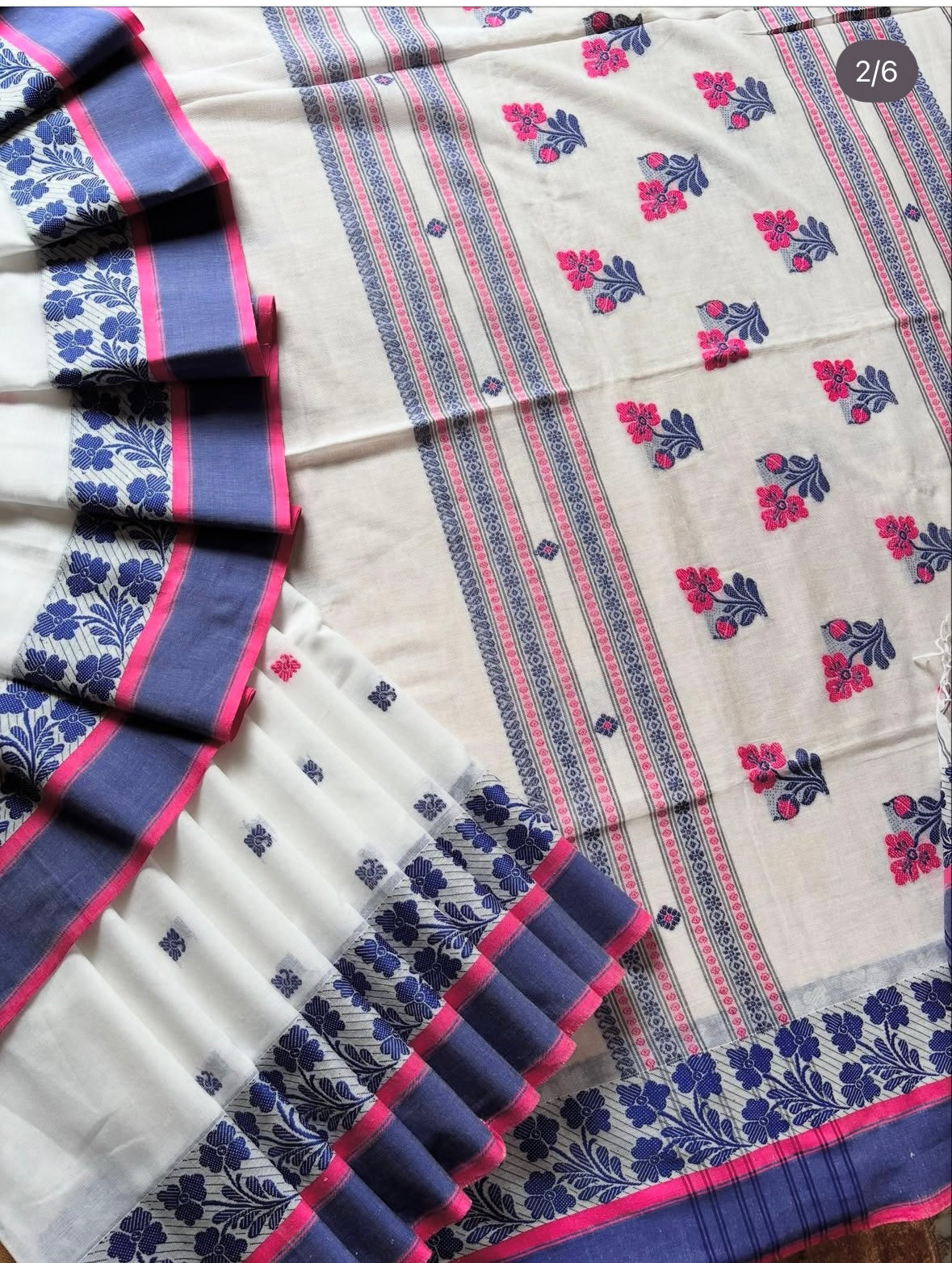 Handwoven White Blue Pink Phulia Cotton Saree