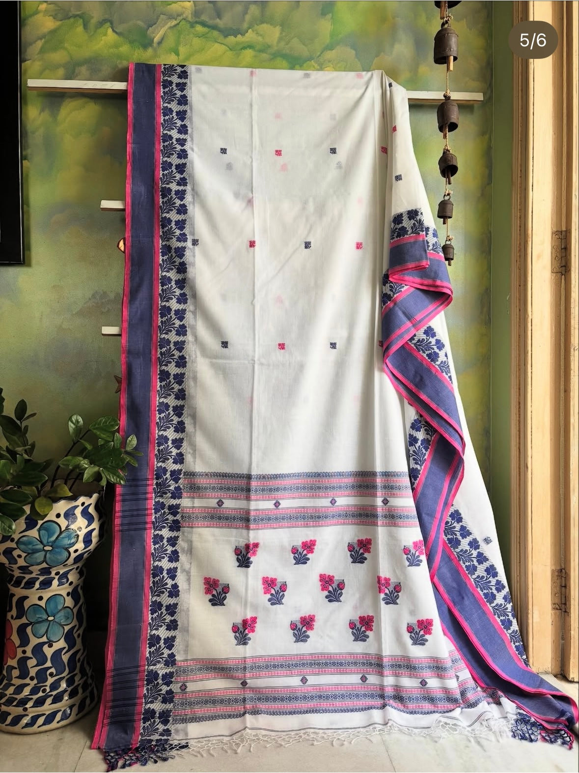 Handwoven White Blue Pink Phulia Cotton Saree