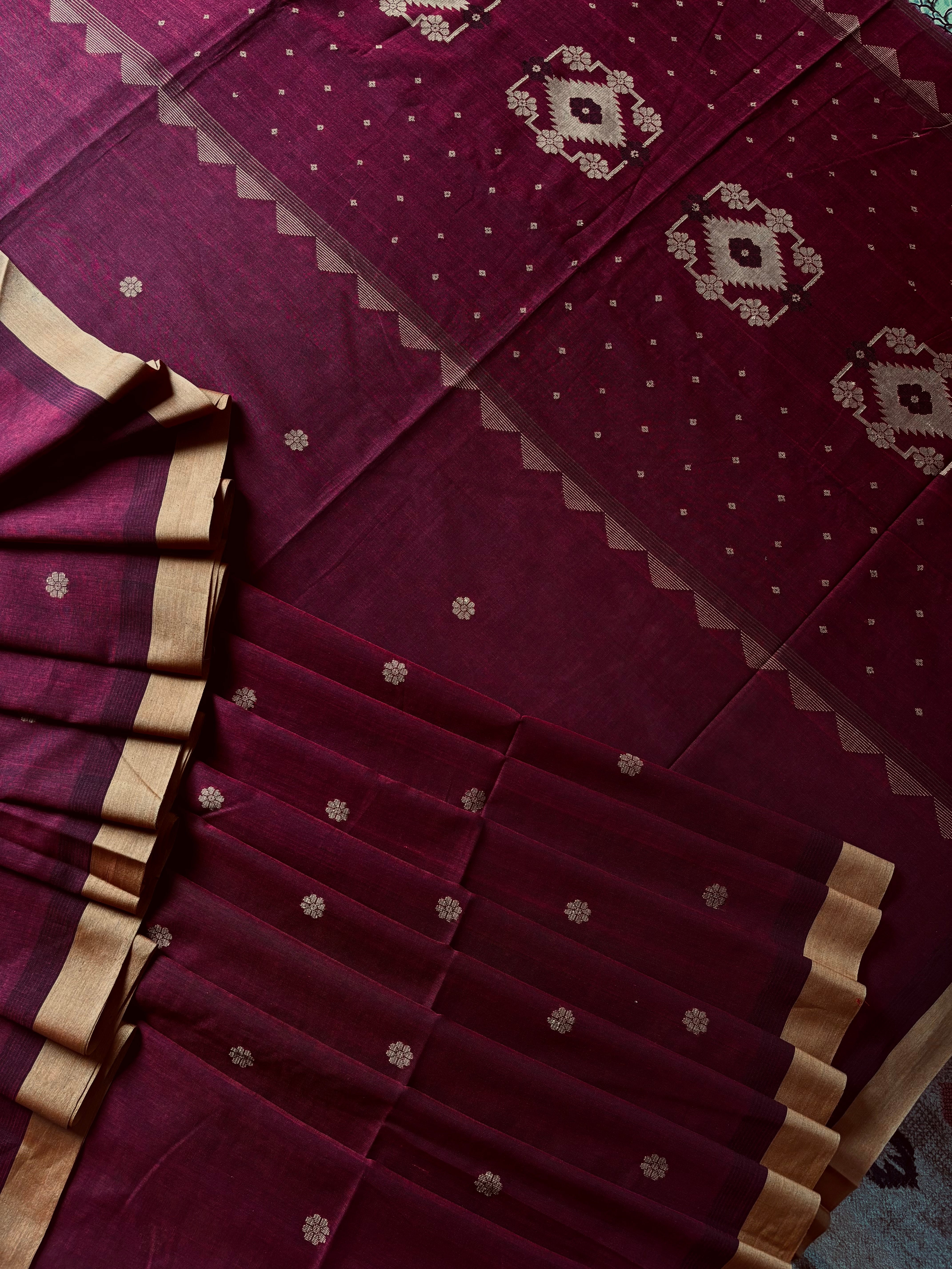 Handwoven Maroon Colour Cotton Jamdani Saree