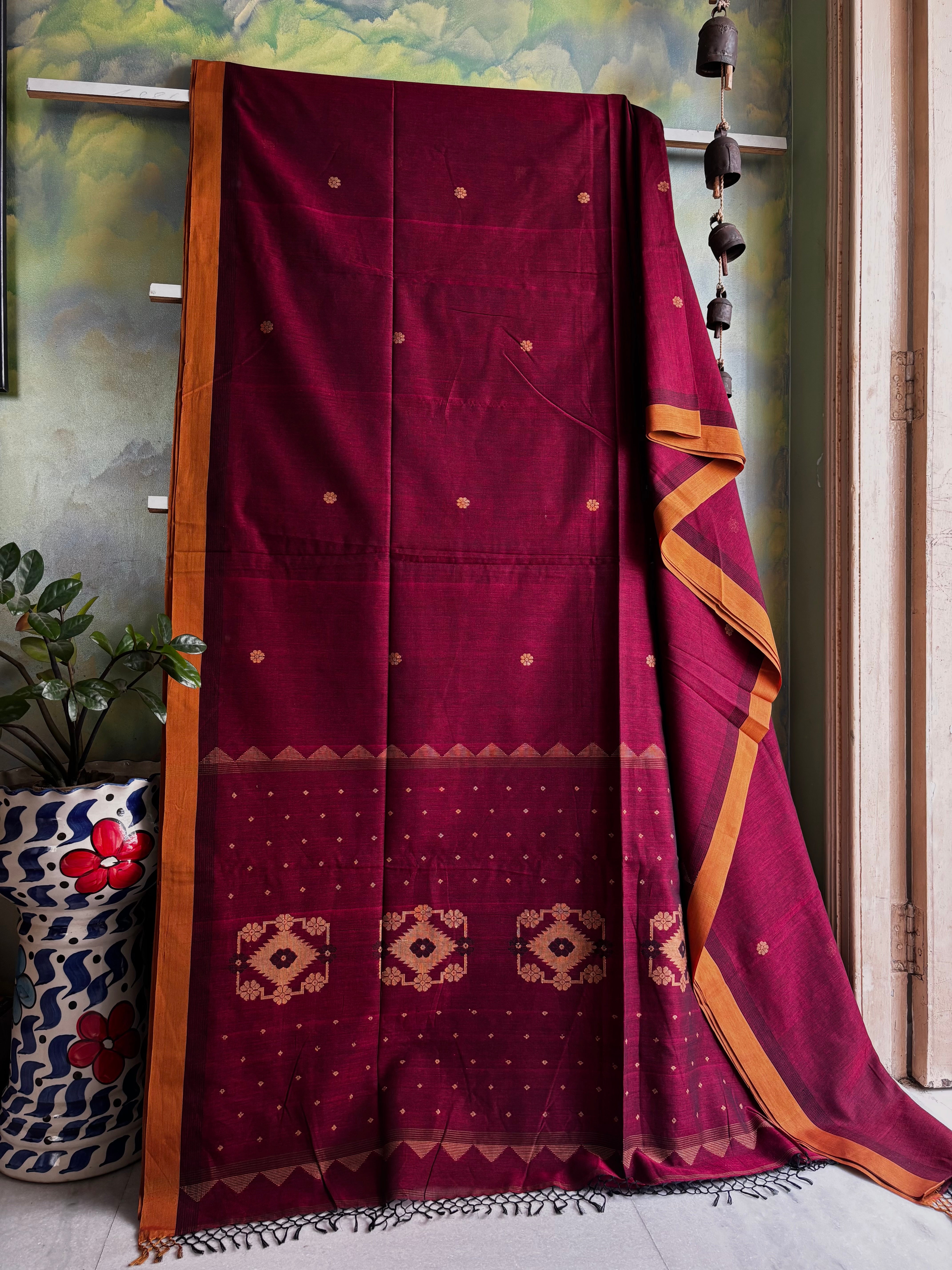 Handwoven Maroon Colour Cotton Jamdani Saree