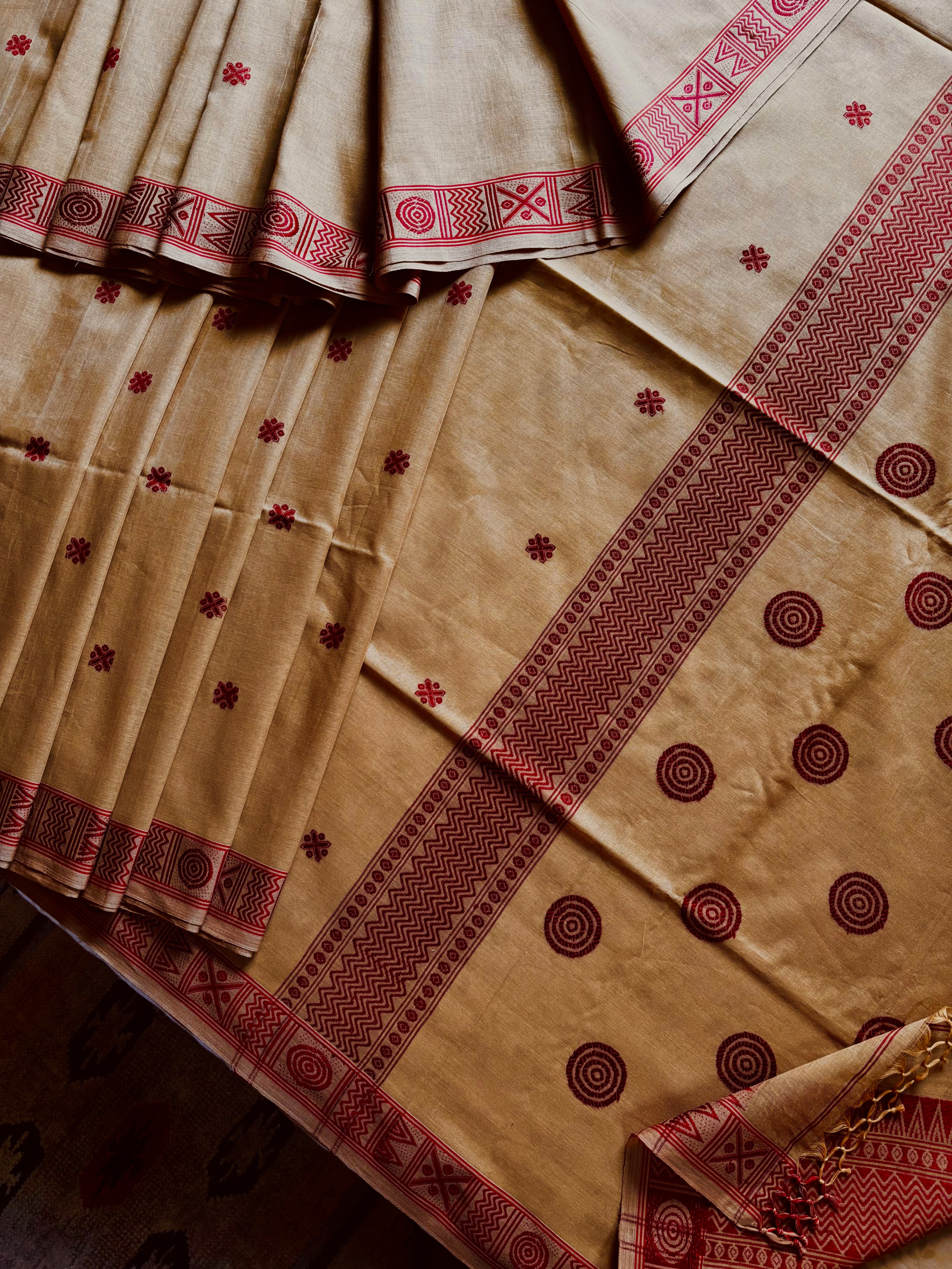 Handwoven Dark Beige with Red Colour Phulia Cotton Saree