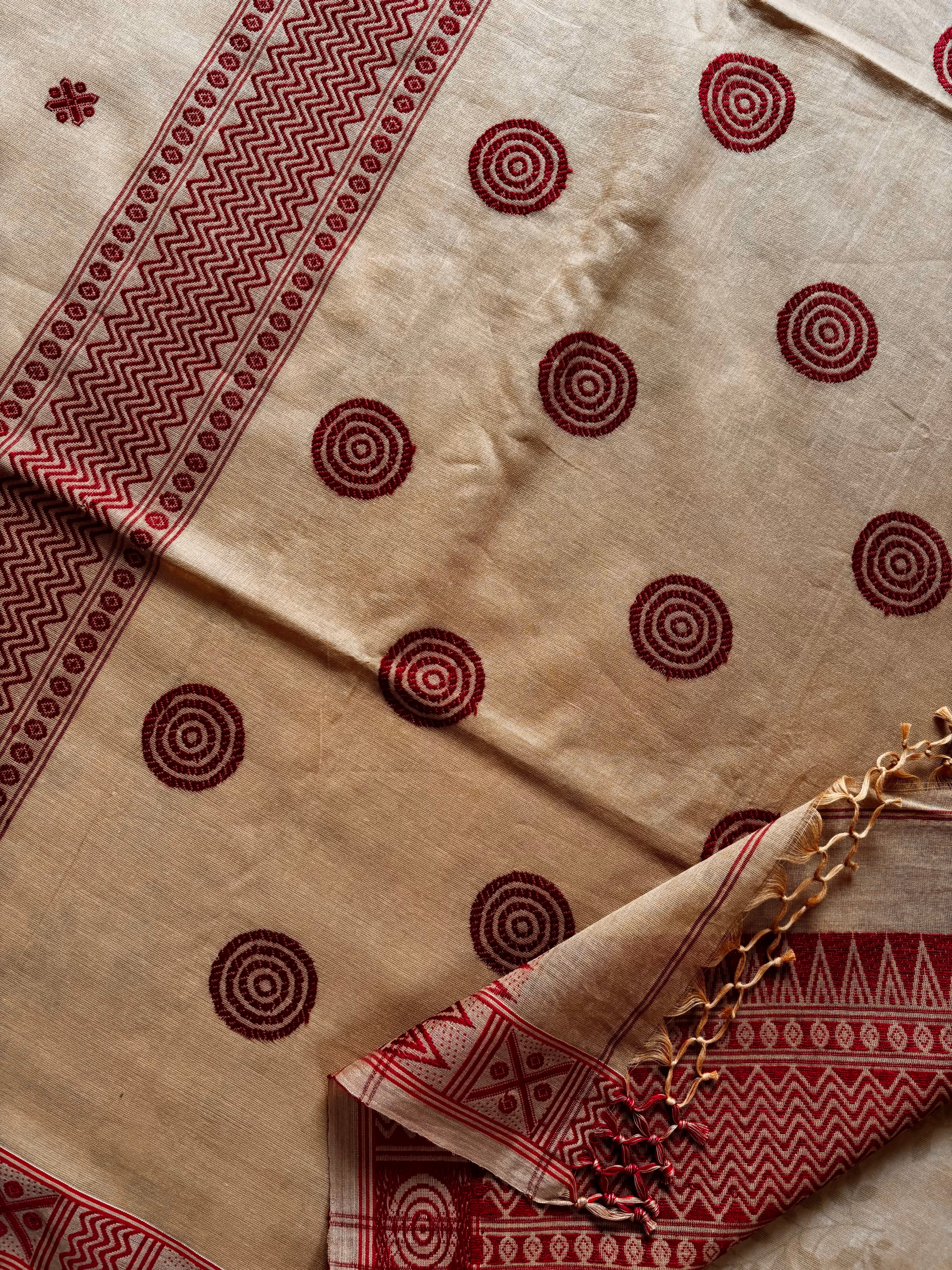 Handwoven Dark Beige with Red Colour Phulia Cotton Saree