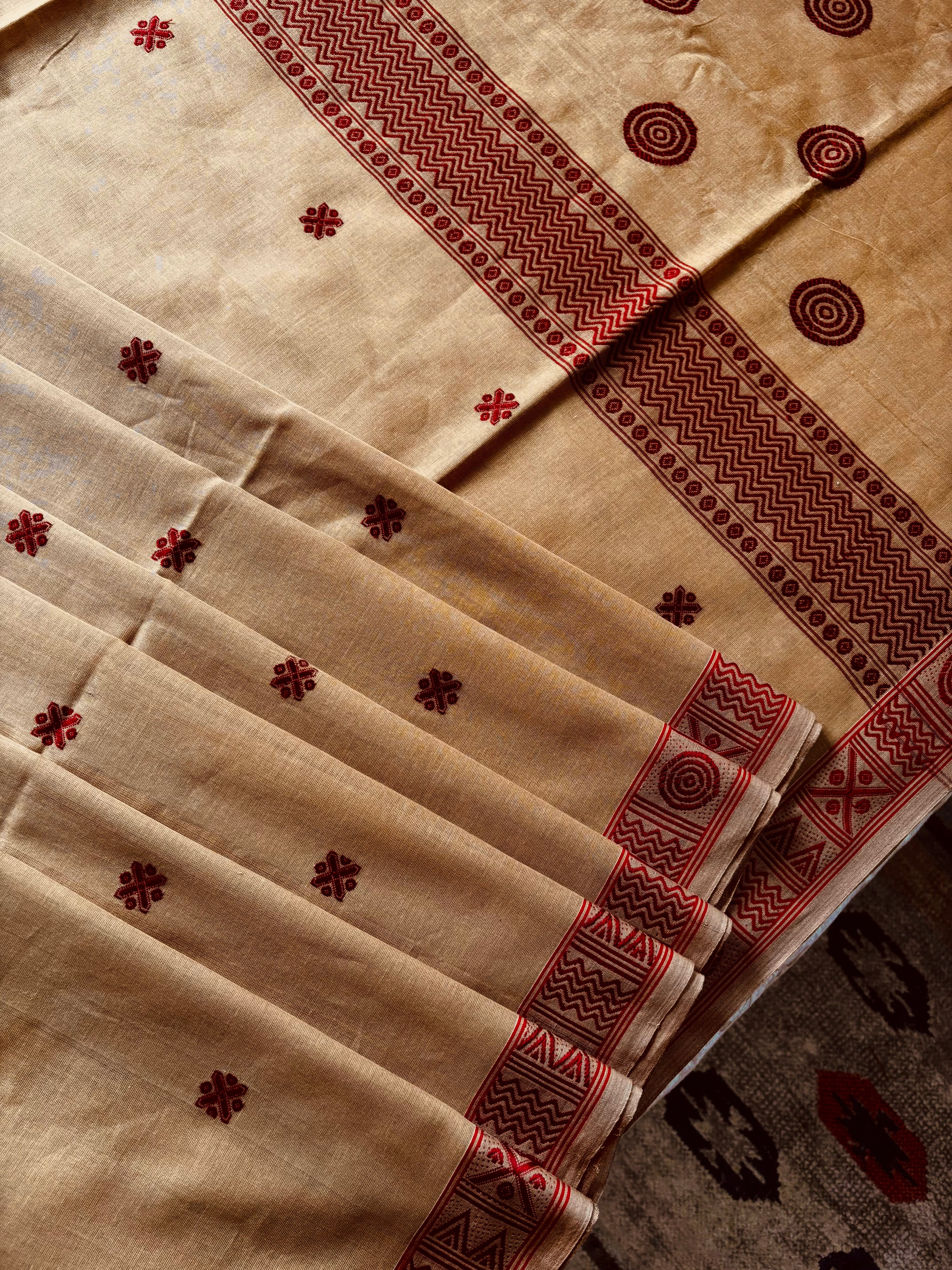 Handwoven Dark Beige with Red Colour Phulia Cotton Saree