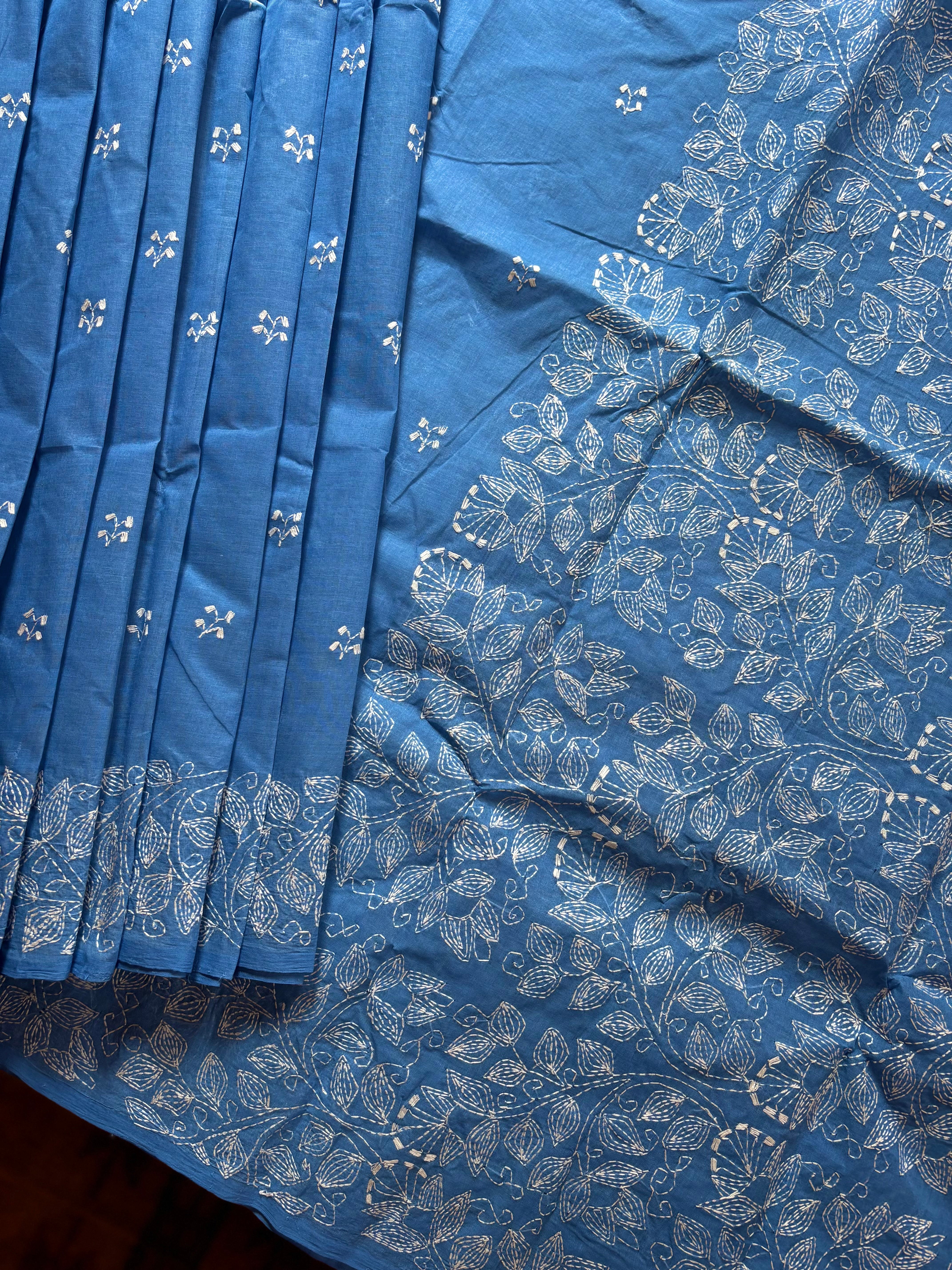 Handmade Sky Blue Cotton Kantha Saree
