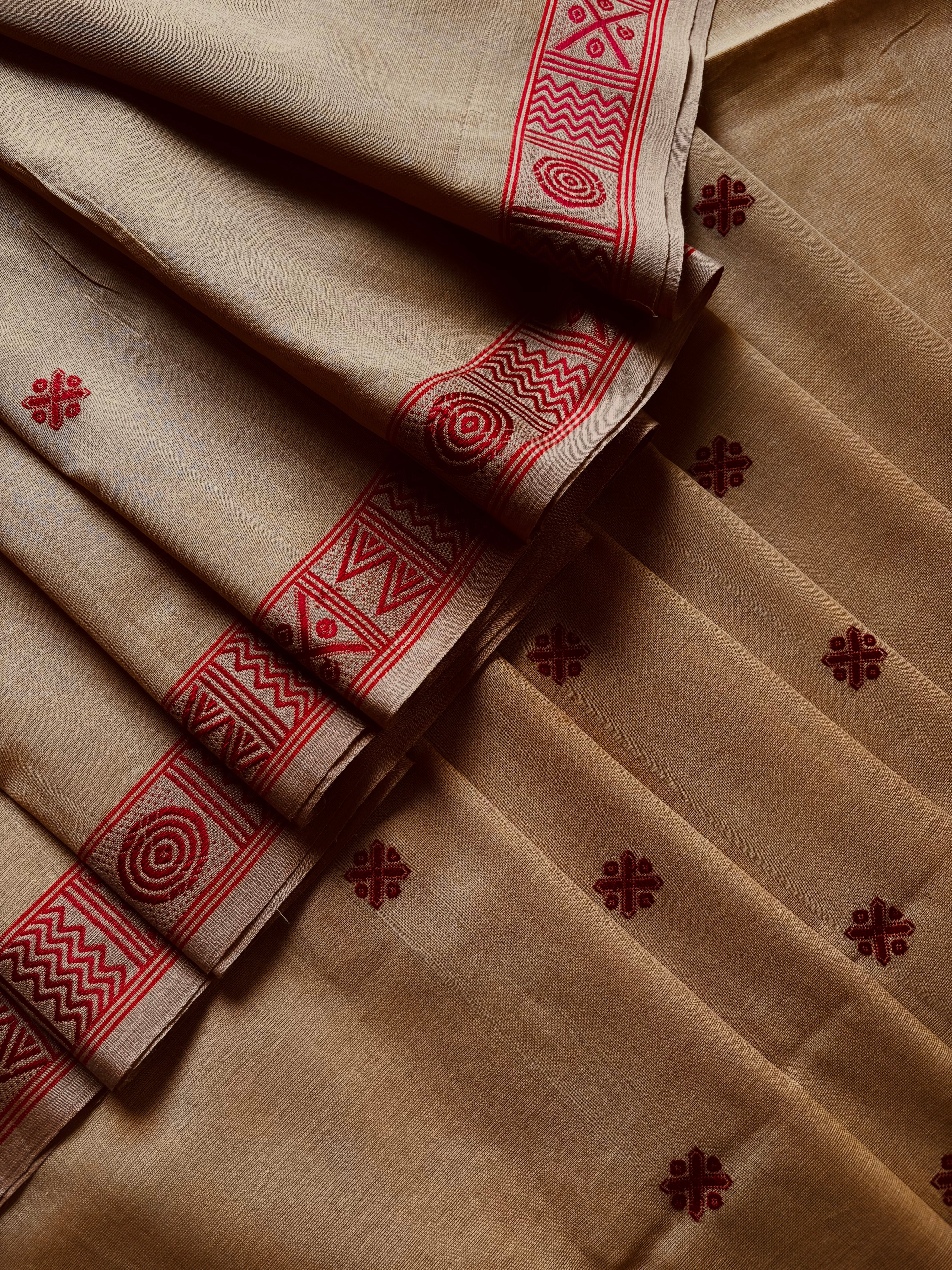Handwoven Dark Beige with Red Colour Phulia Cotton Saree