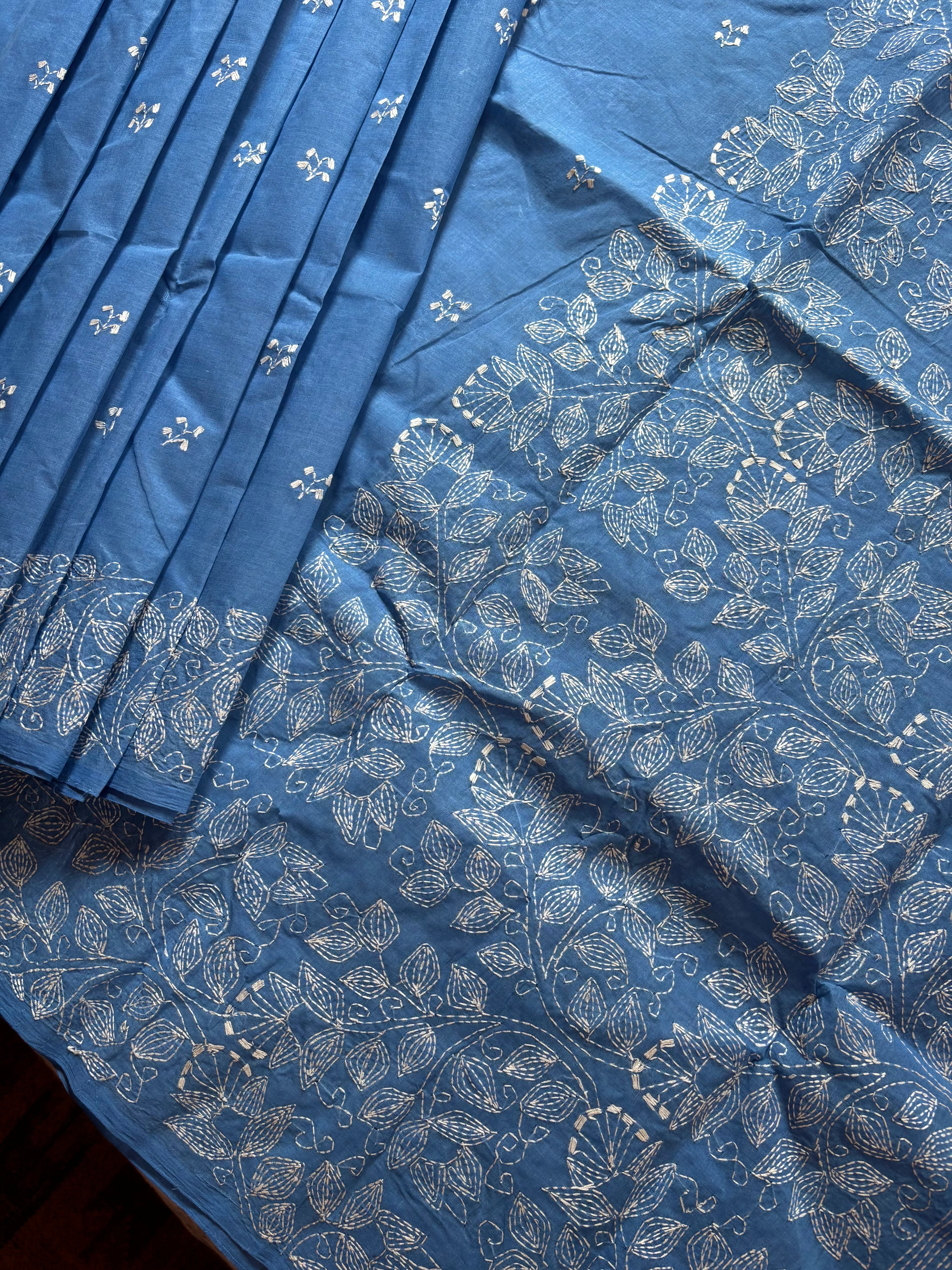 Handmade Sky Blue Cotton Kantha Saree