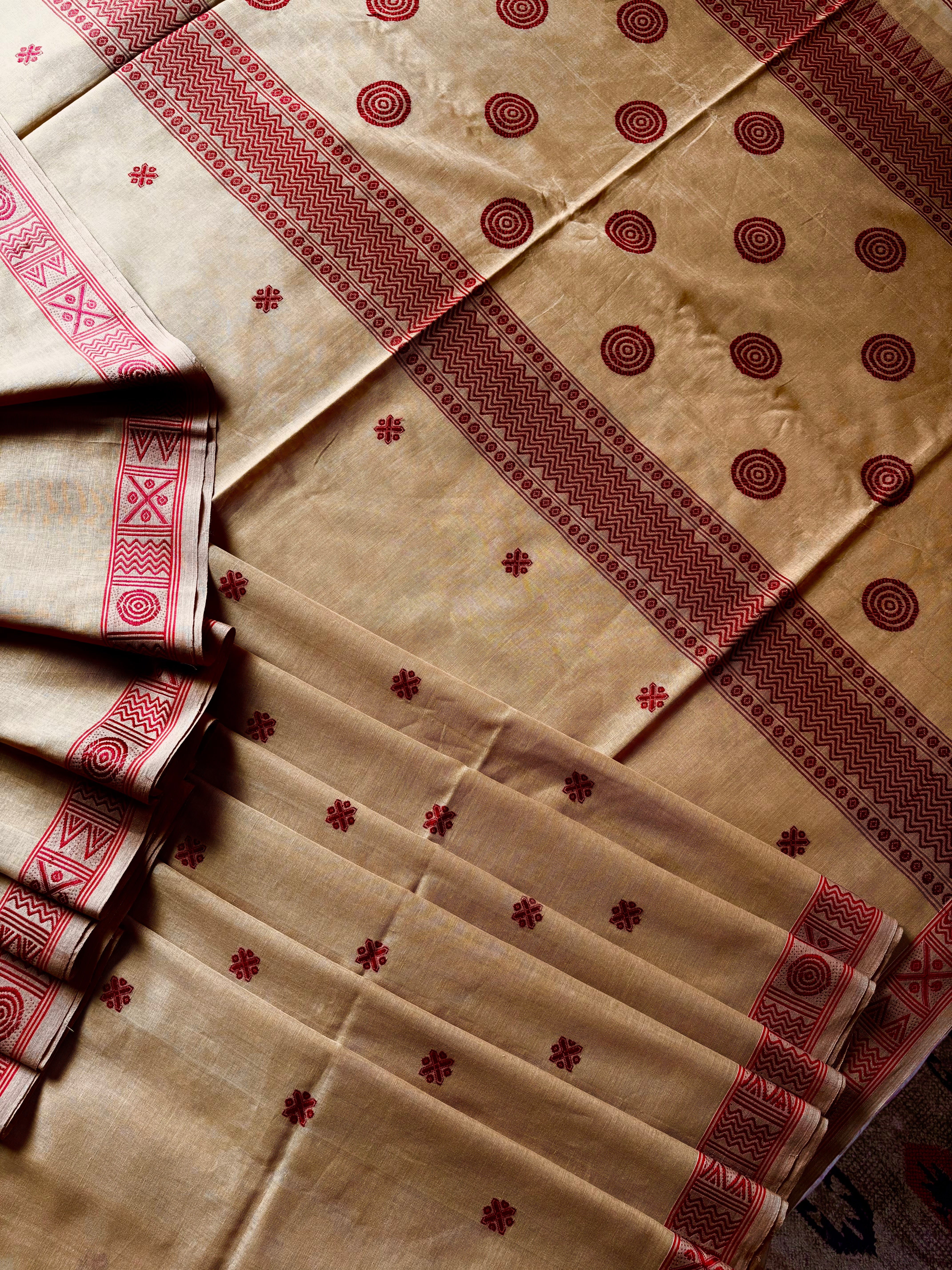 Handwoven Dark Beige with Red Colour Phulia Cotton Saree