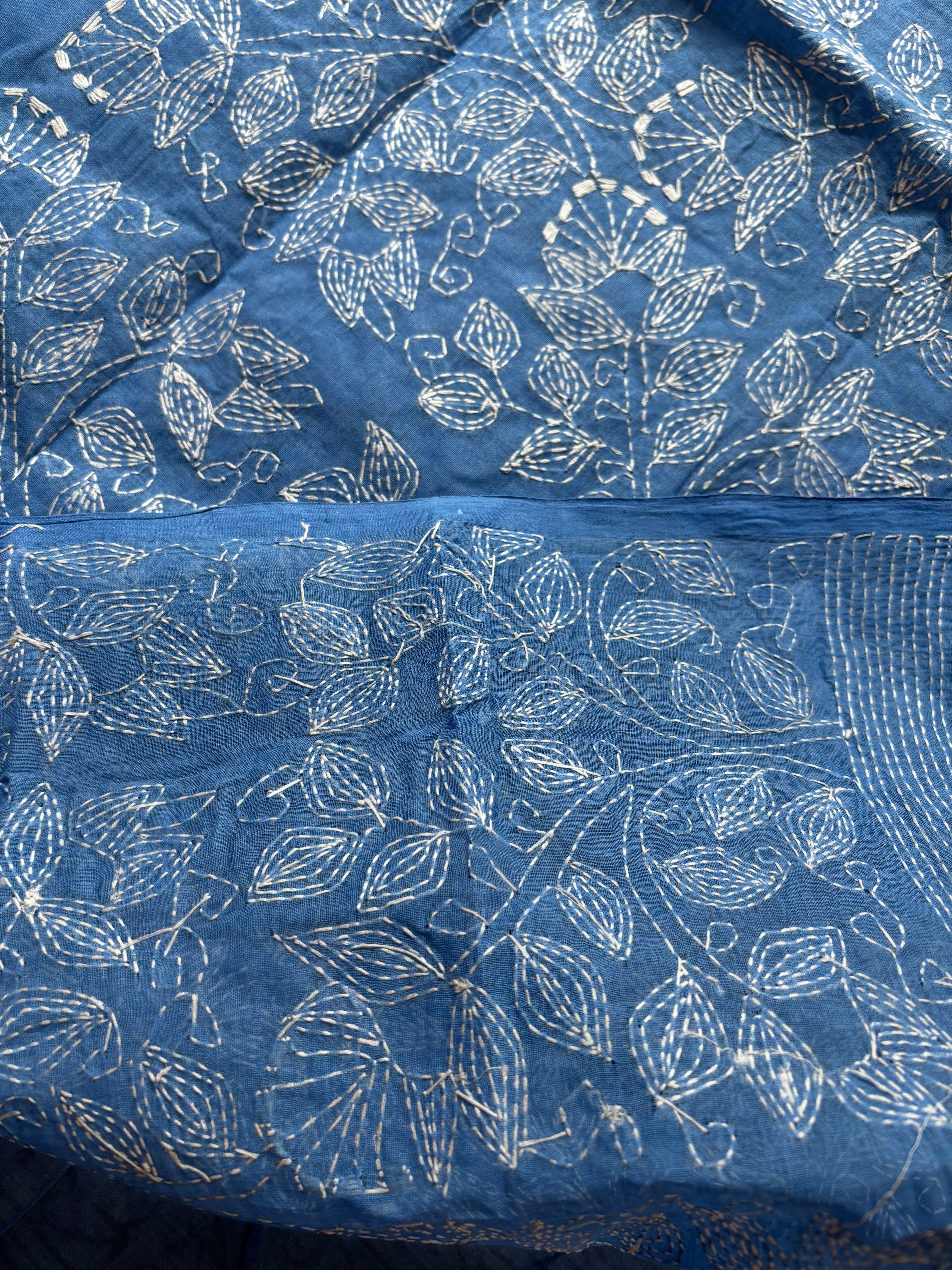 Handmade Sky Blue Cotton Kantha Saree