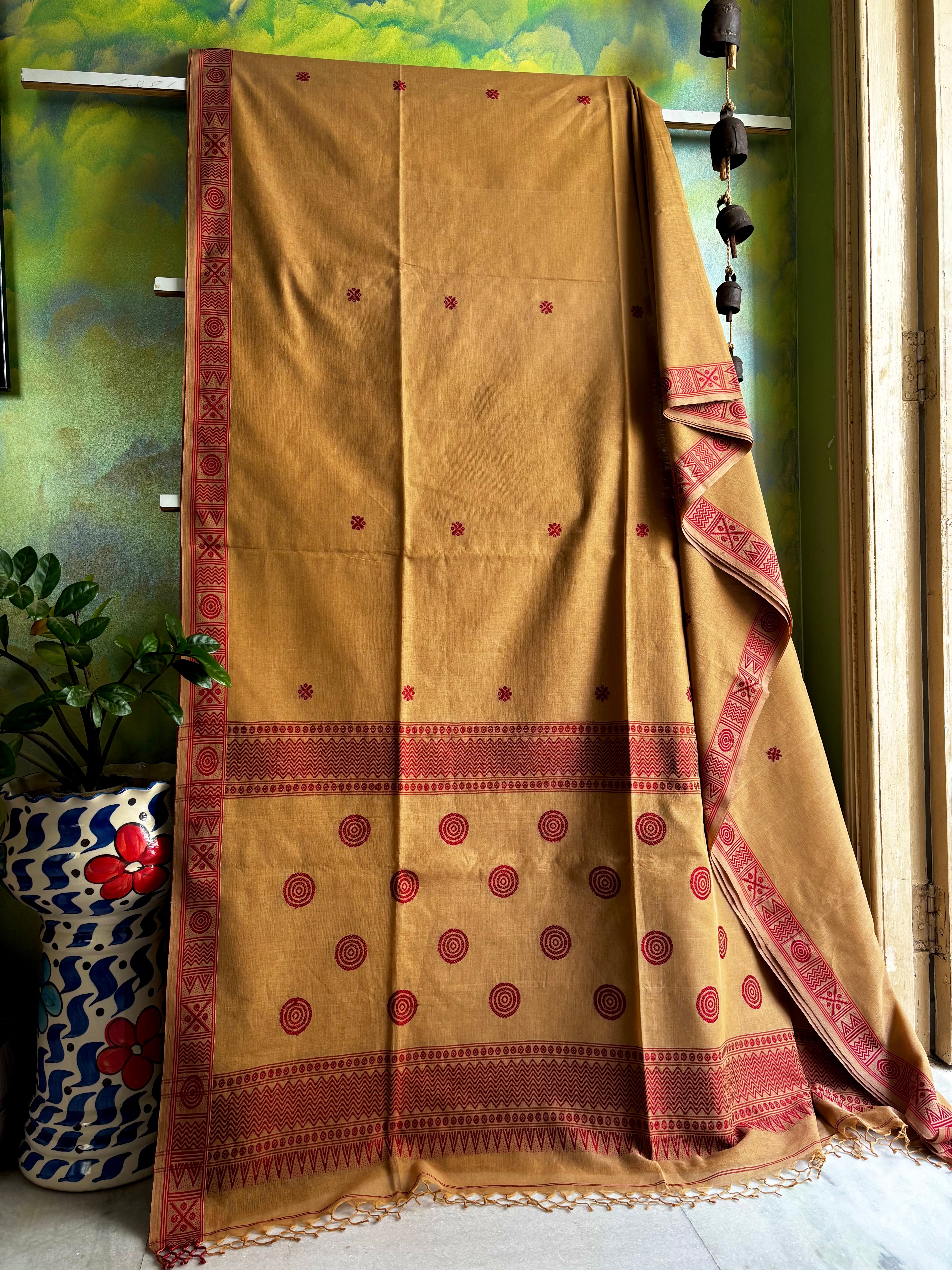 Handwoven Dark Beige with Red Colour Phulia Cotton Saree
