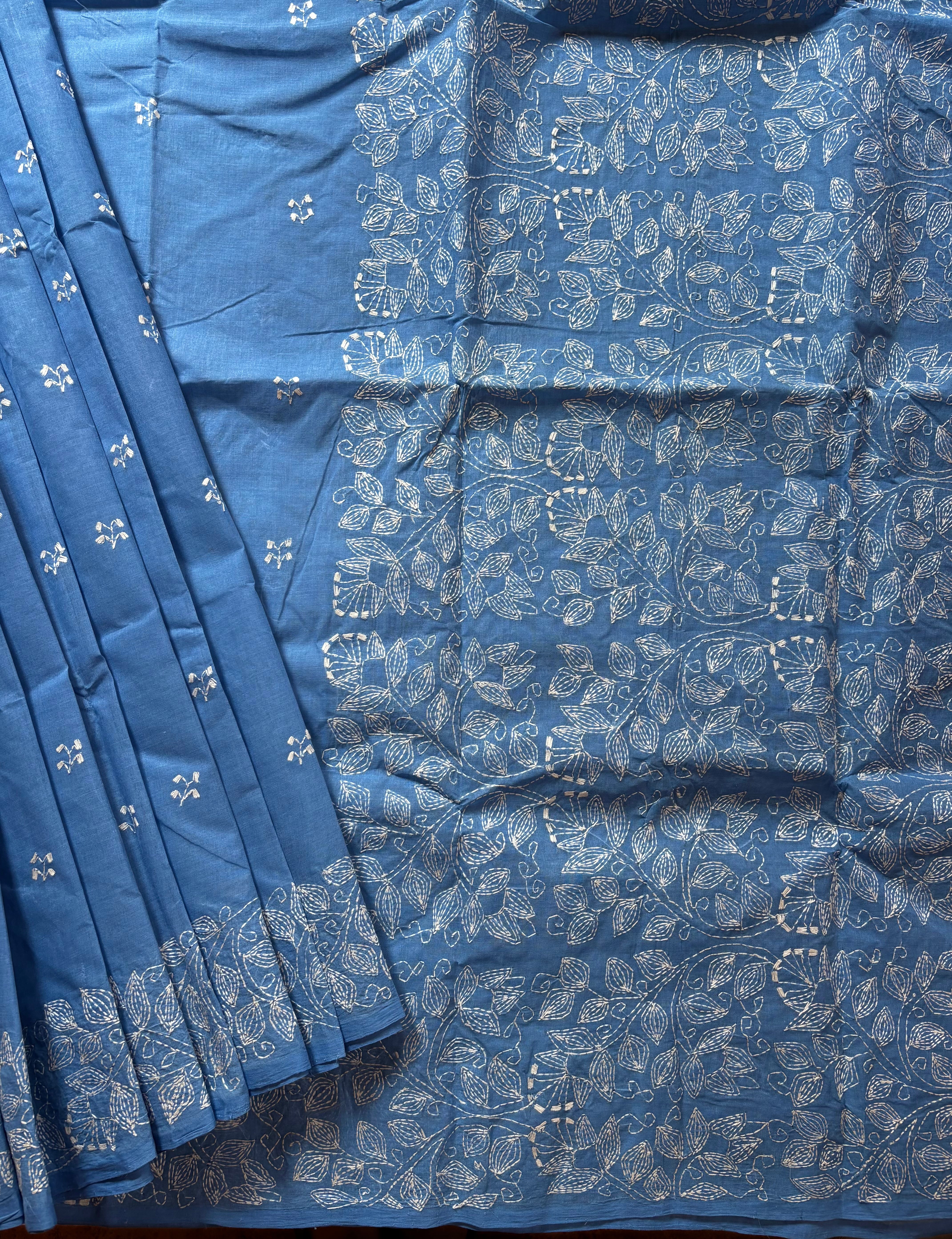 Handmade Sky Blue Cotton Kantha Saree