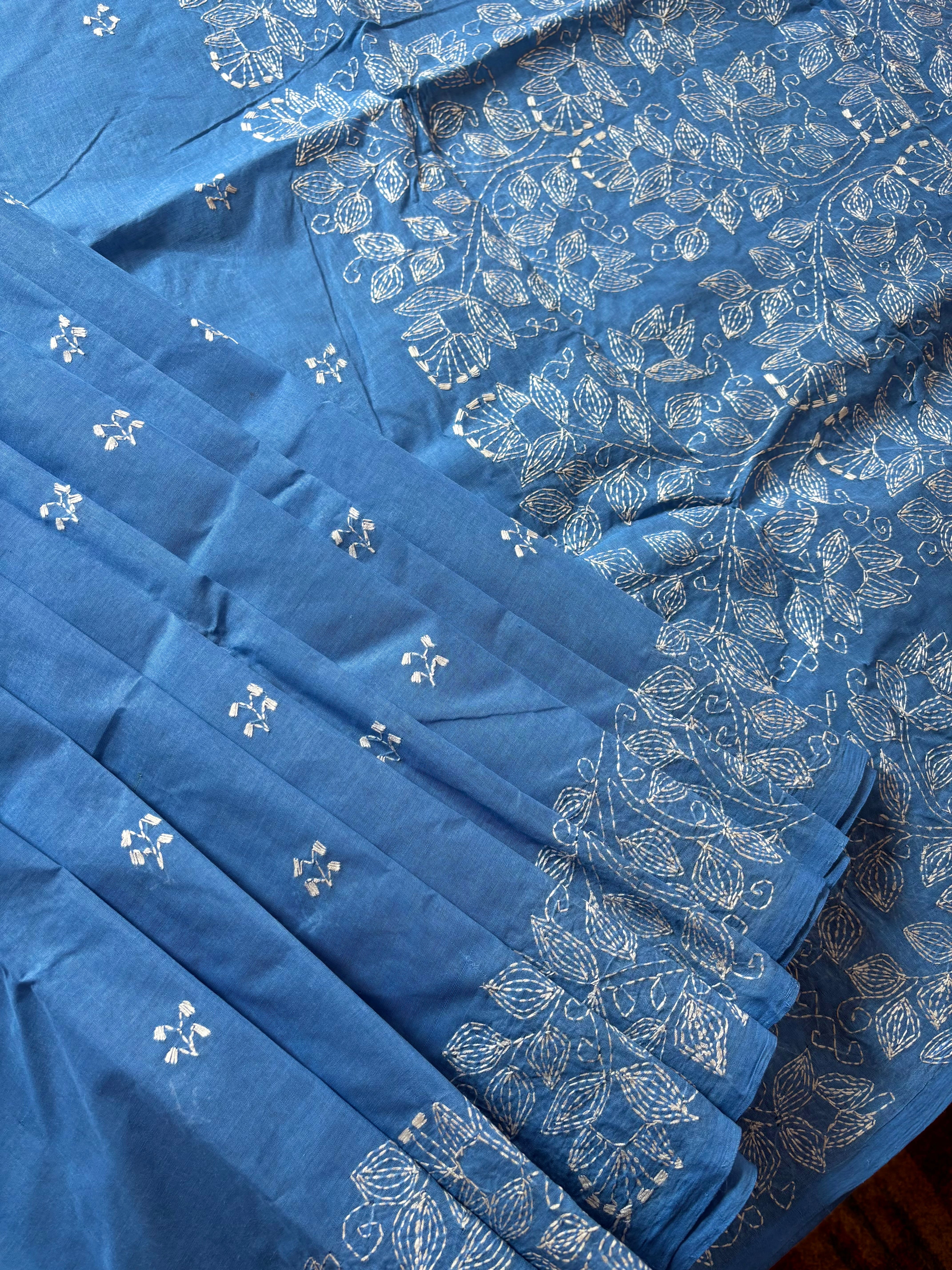 Handmade Sky Blue Cotton Kantha Saree