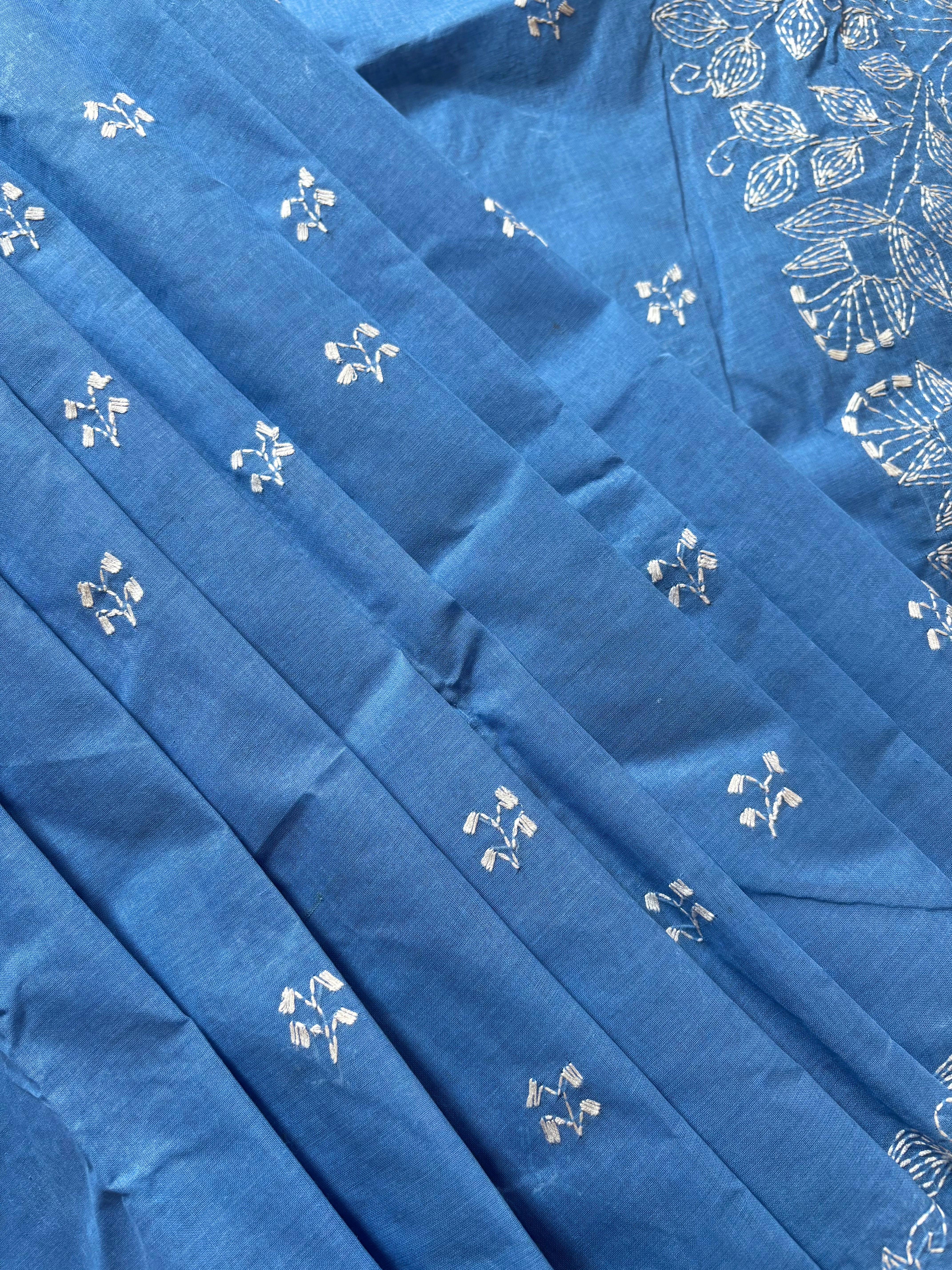 Handmade Sky Blue Cotton Kantha Saree