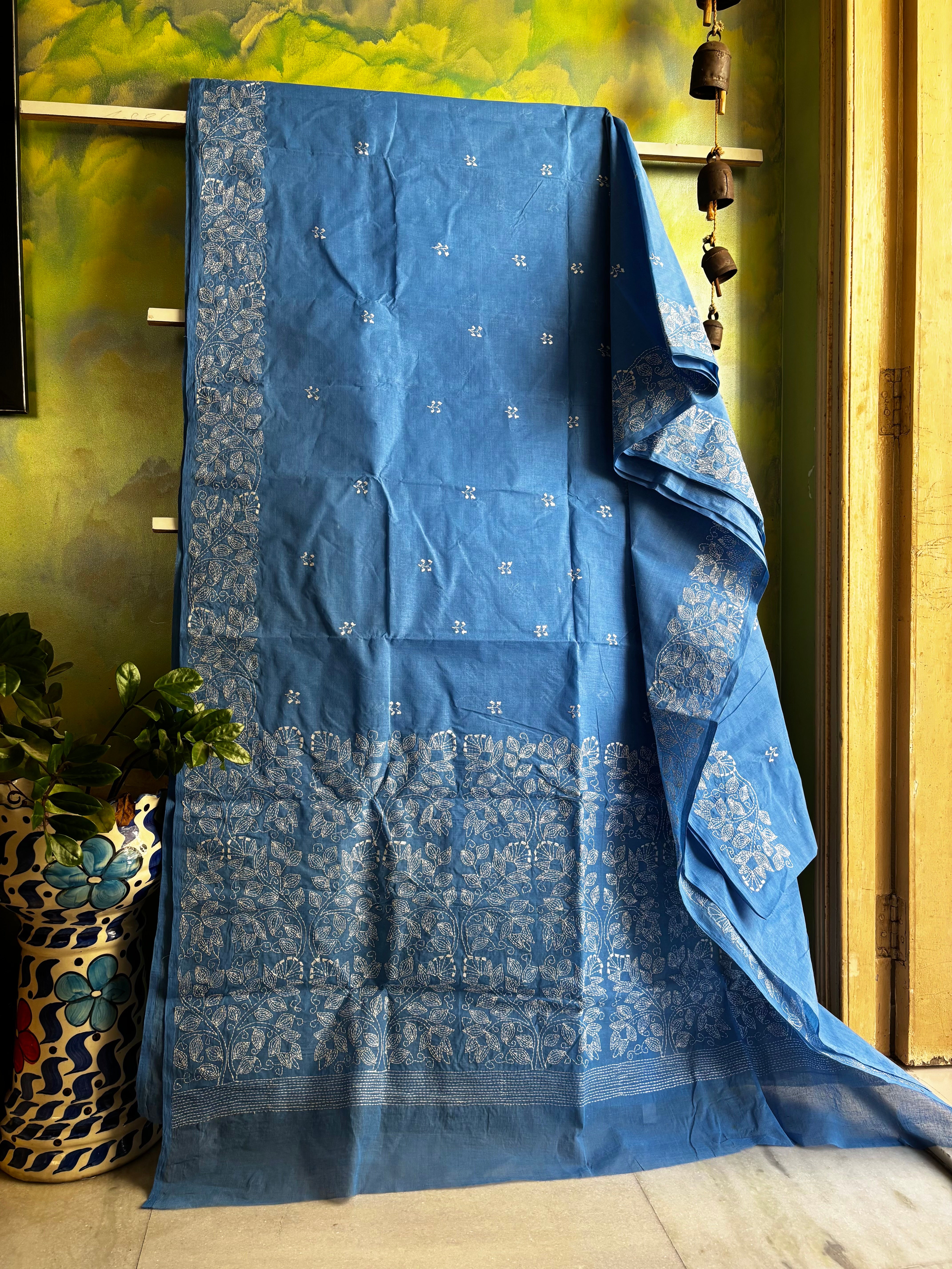 Handmade Sky Blue Cotton Kantha Saree