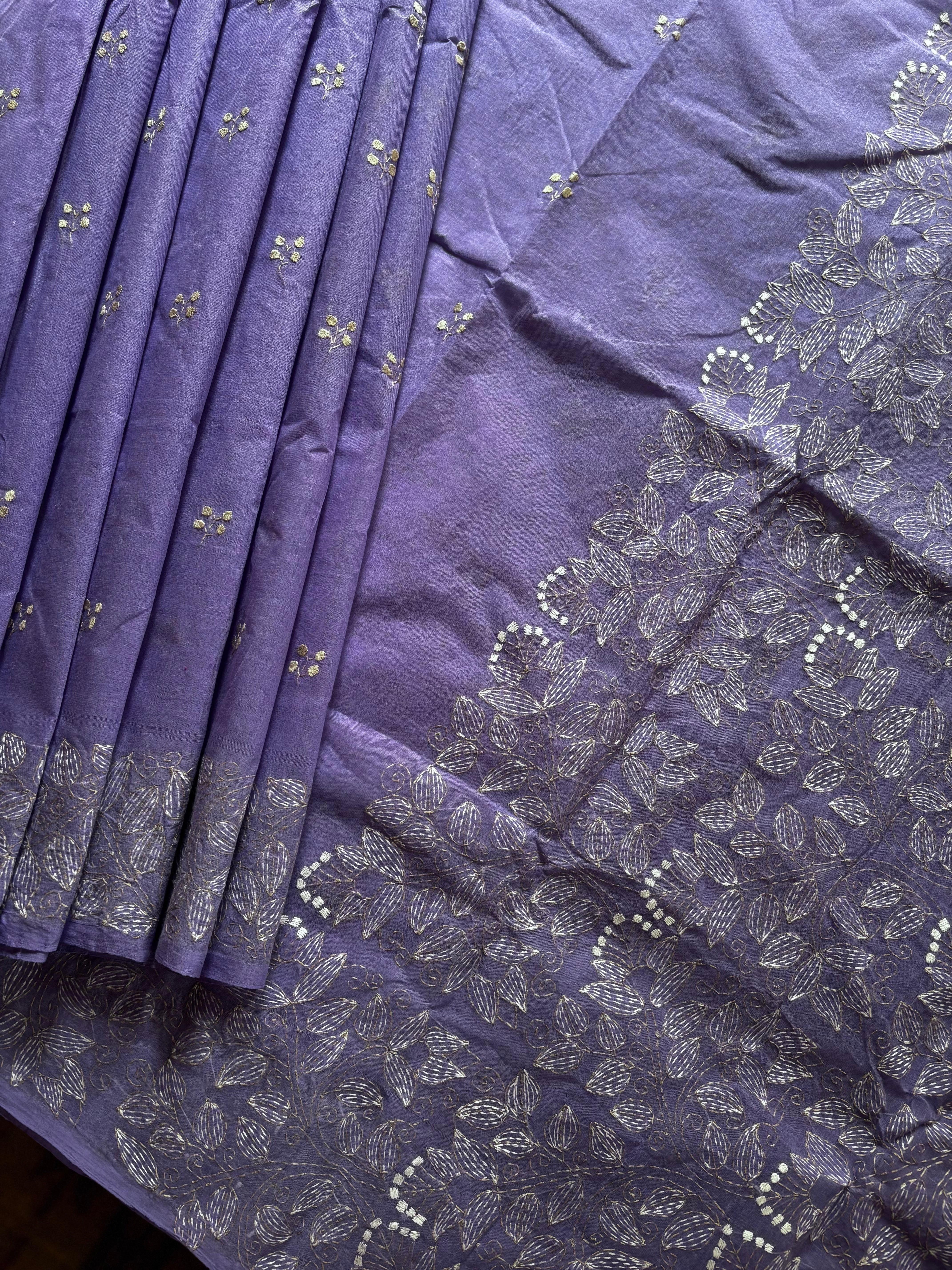 Handmade Lavender Colour Cotton Kantha Saree
