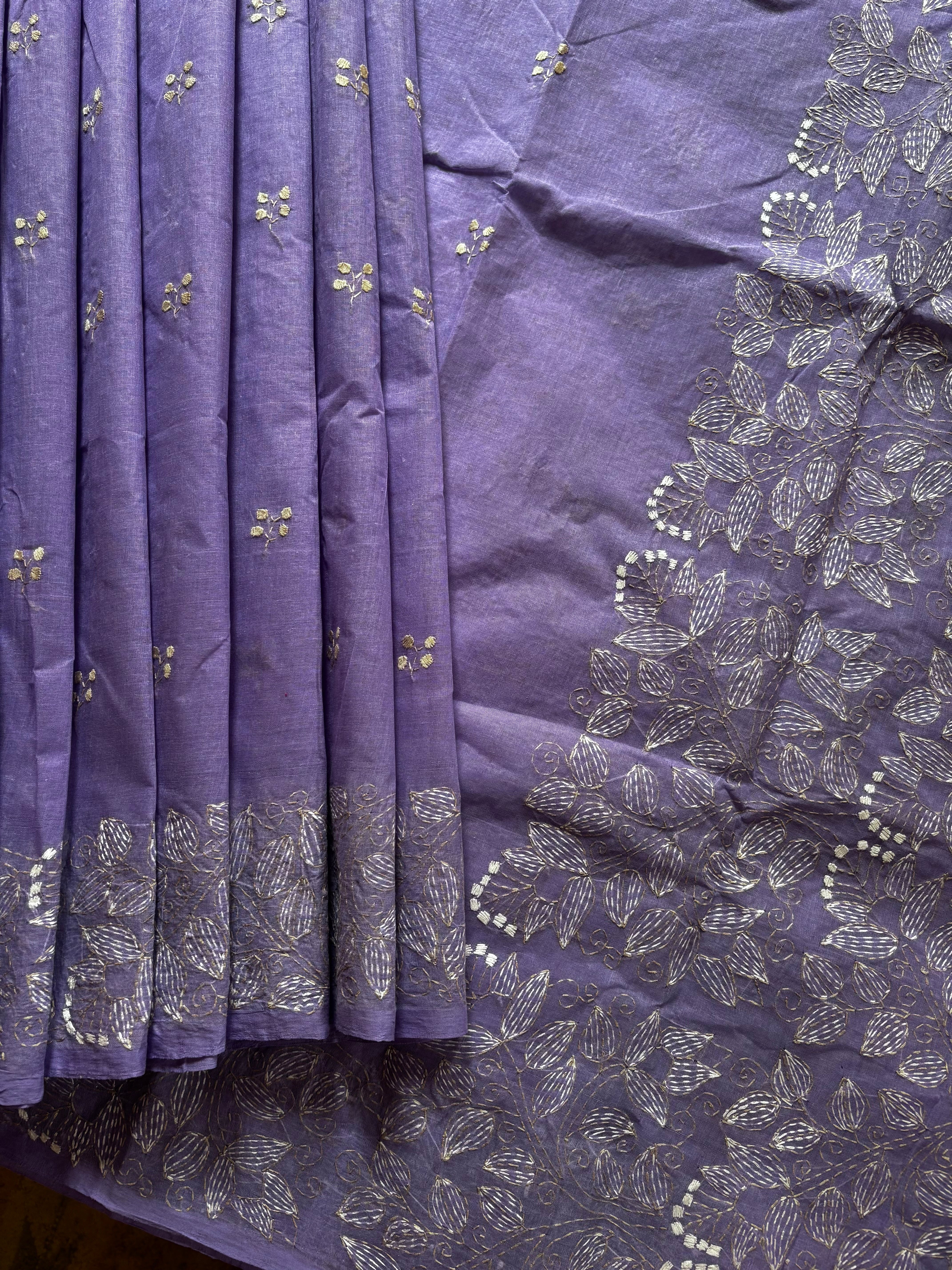 Handmade Lavender Colour Cotton Kantha Saree