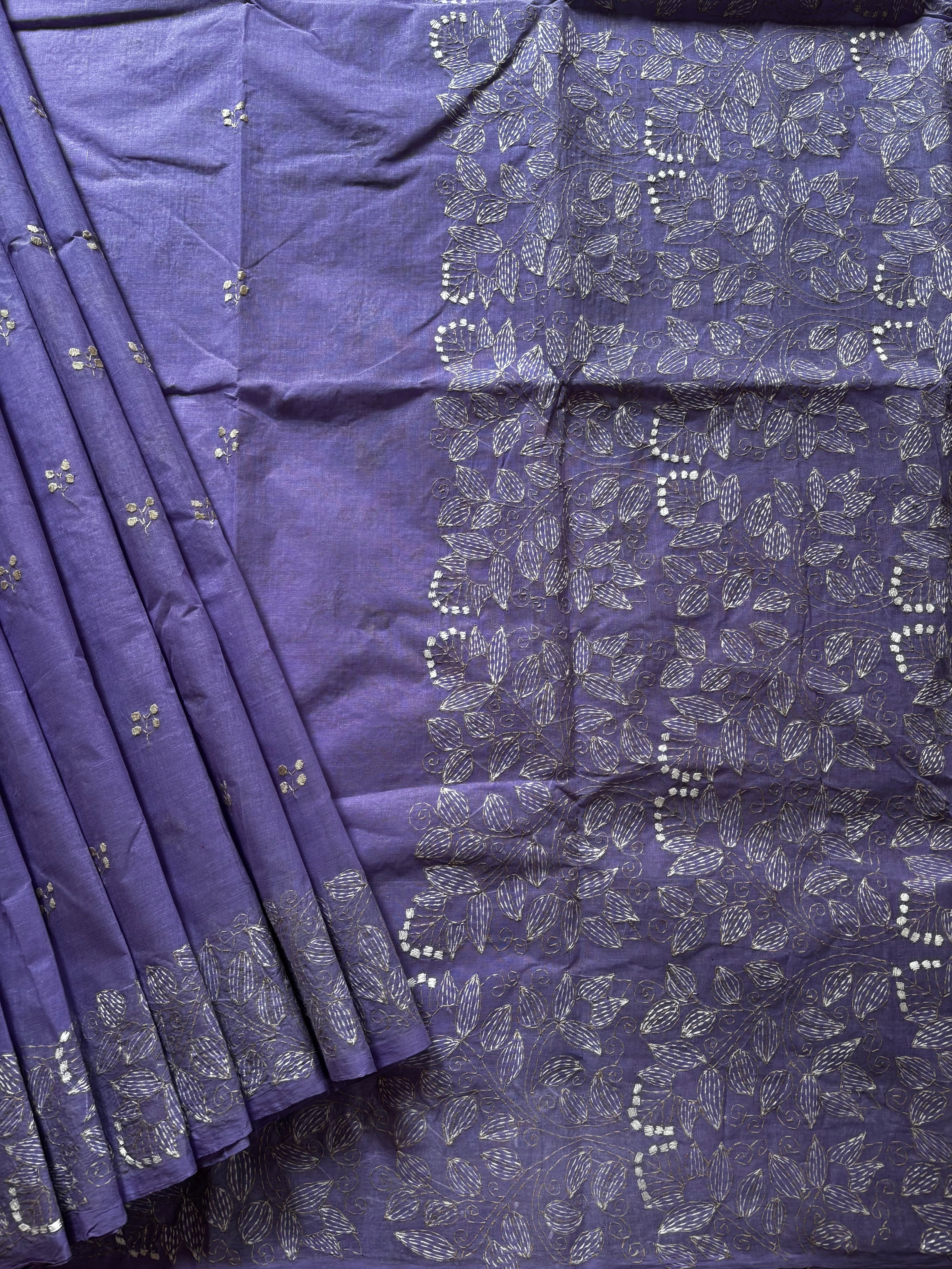 Handmade Lavender Colour Cotton Kantha Saree