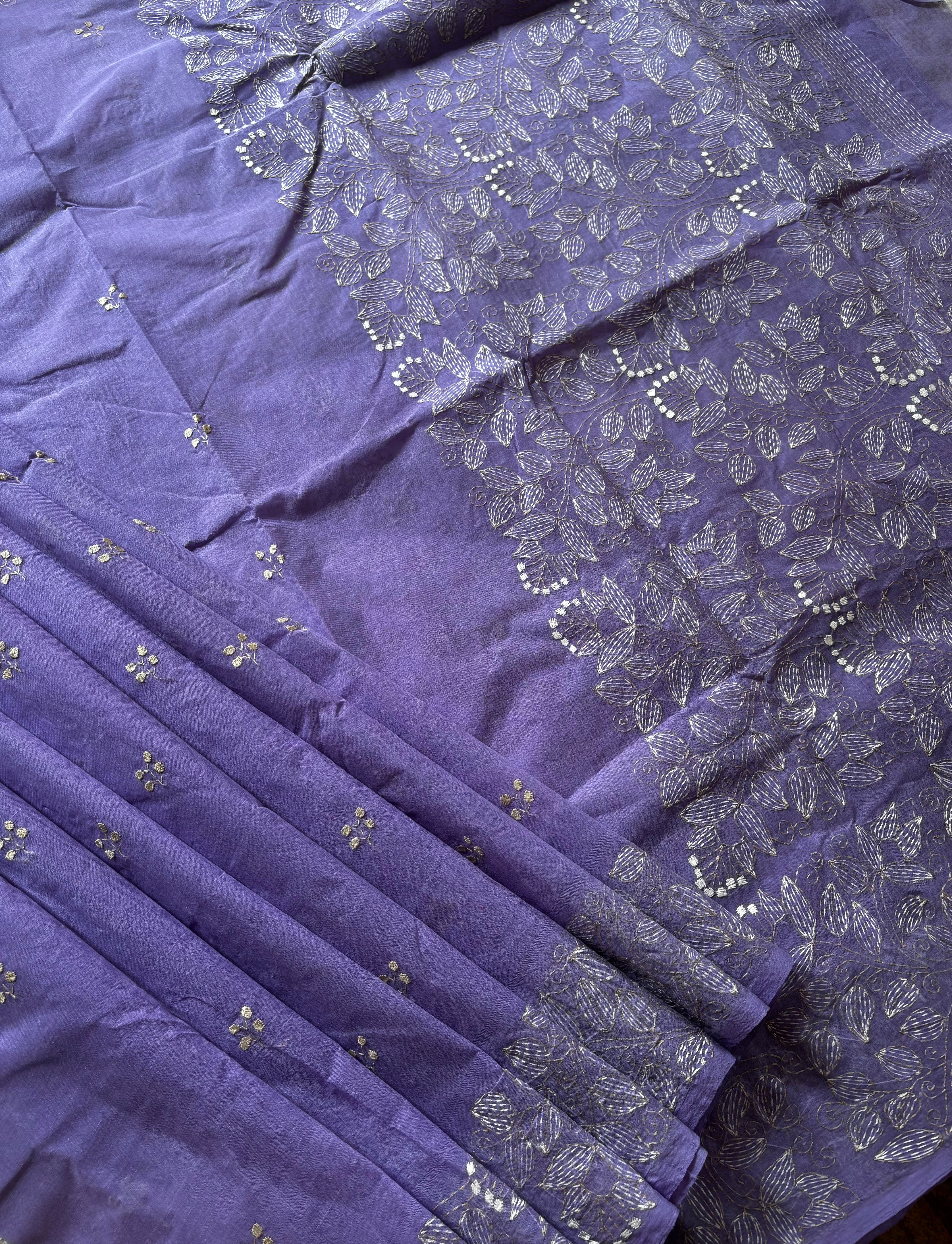 Handmade Lavender Colour Cotton Kantha Saree
