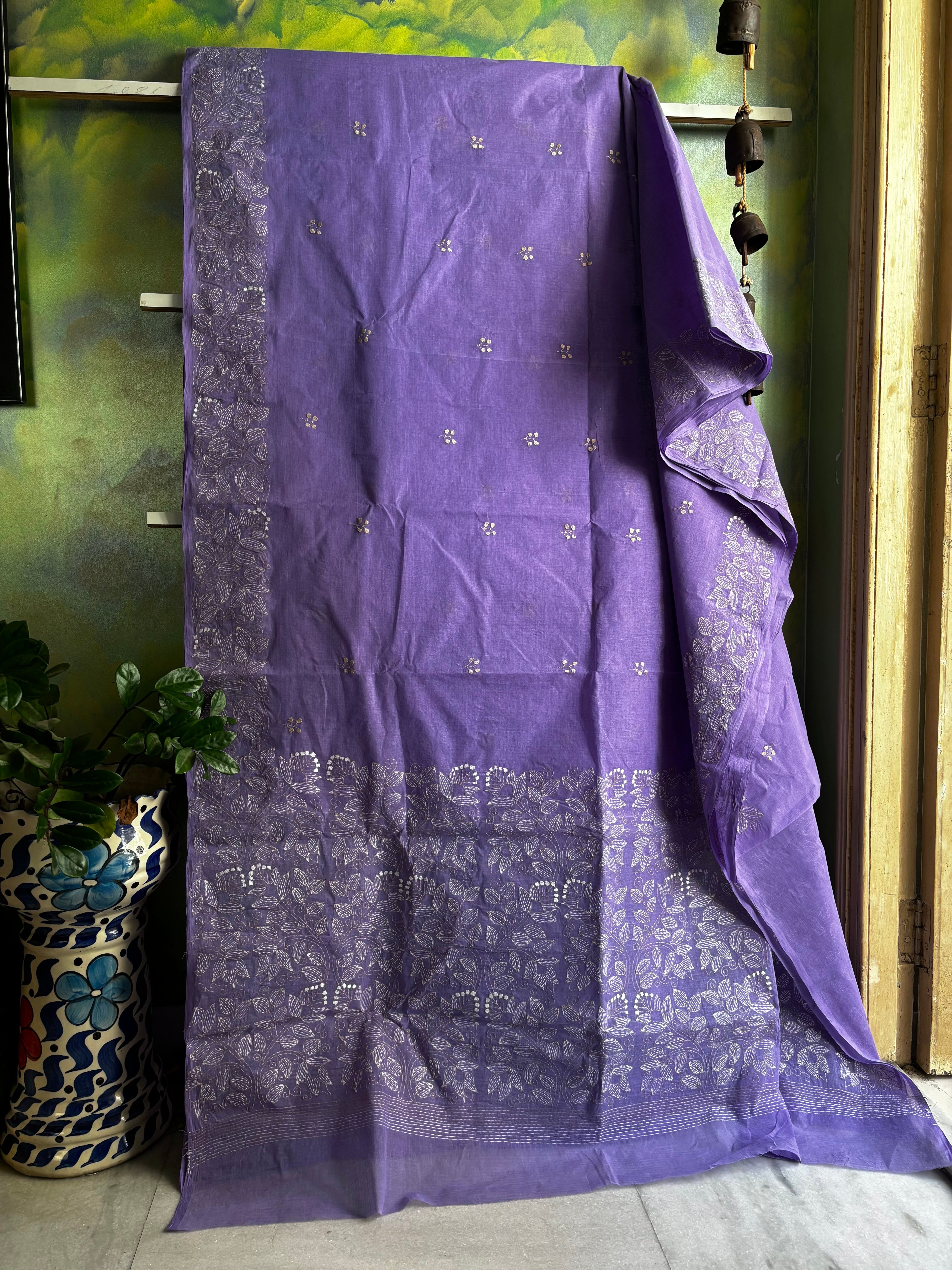 Handmade Lavender Colour Cotton Kantha Saree