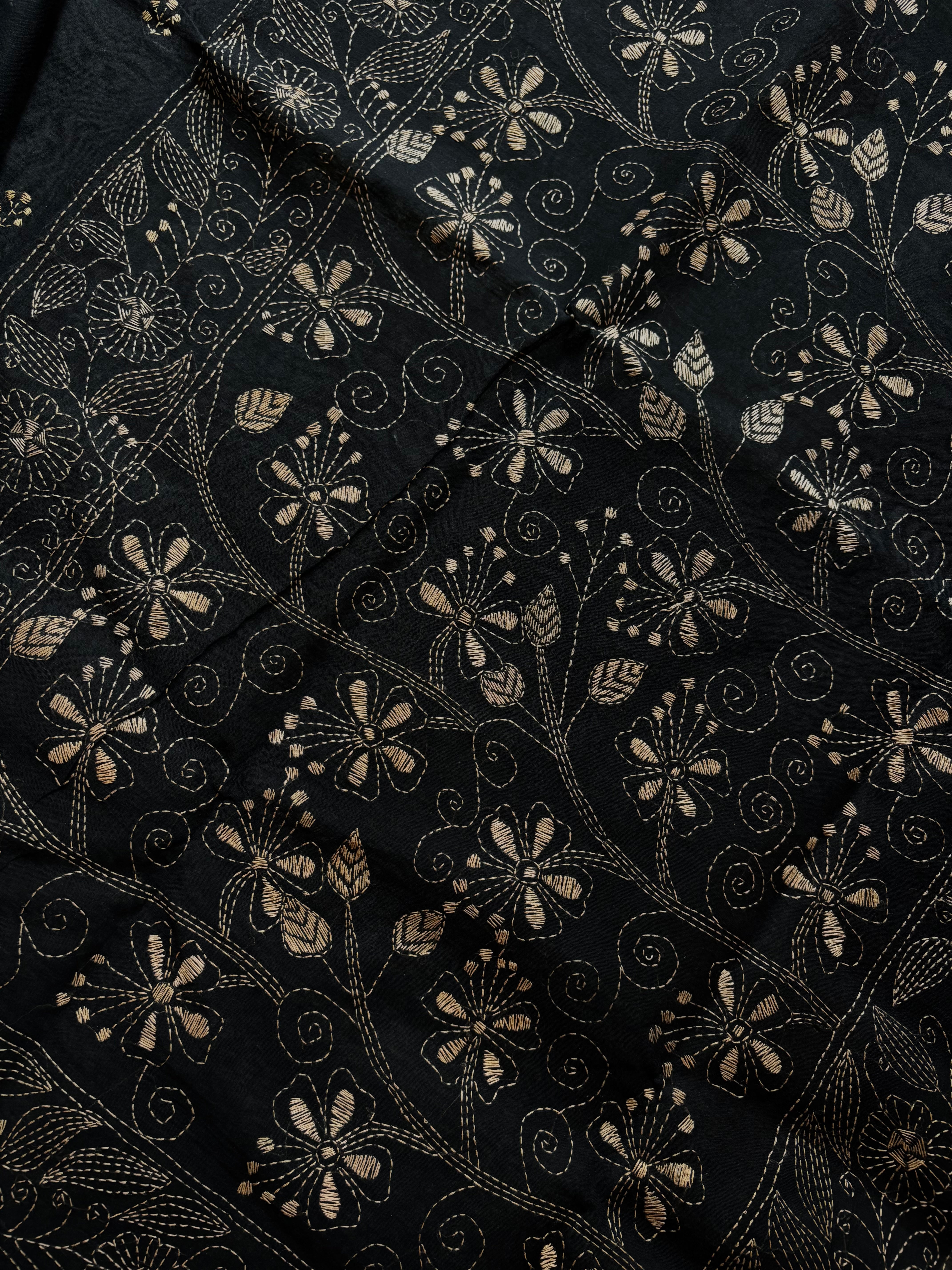 Handmade Black Beige Cotton Kantha Saree