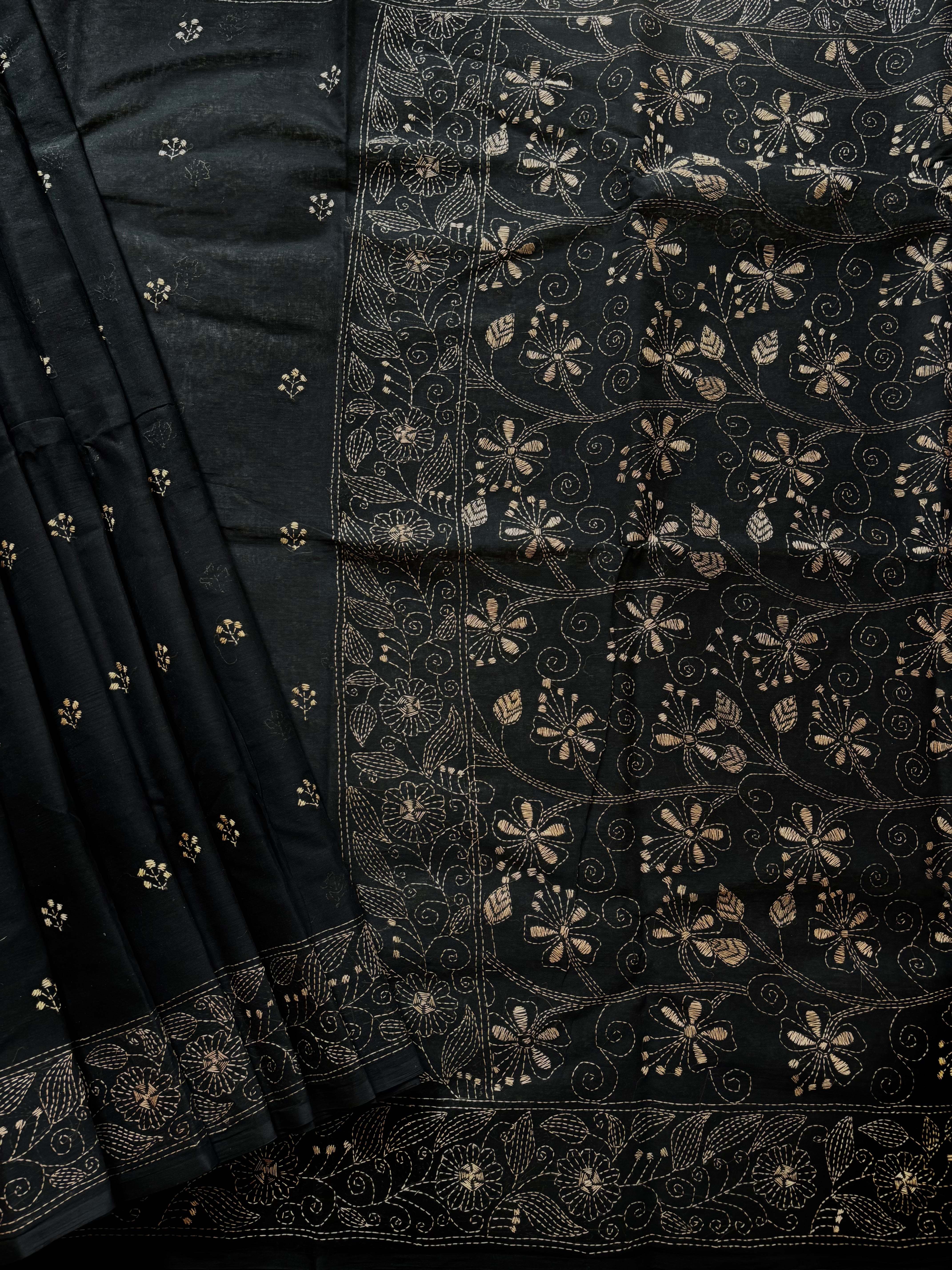 Handmade Black Beige Cotton Kantha Saree