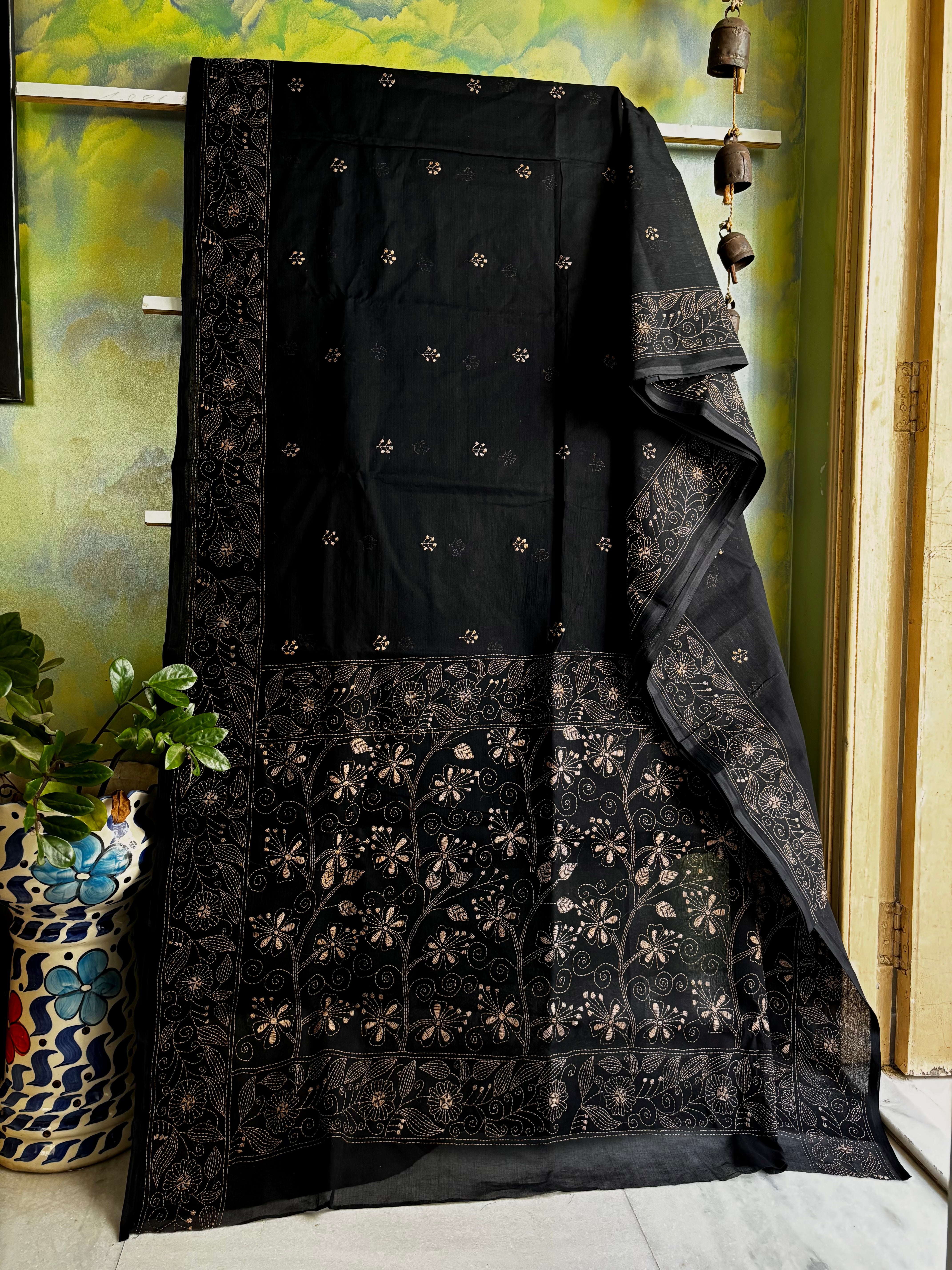 Handmade Black Beige Cotton Kantha Saree