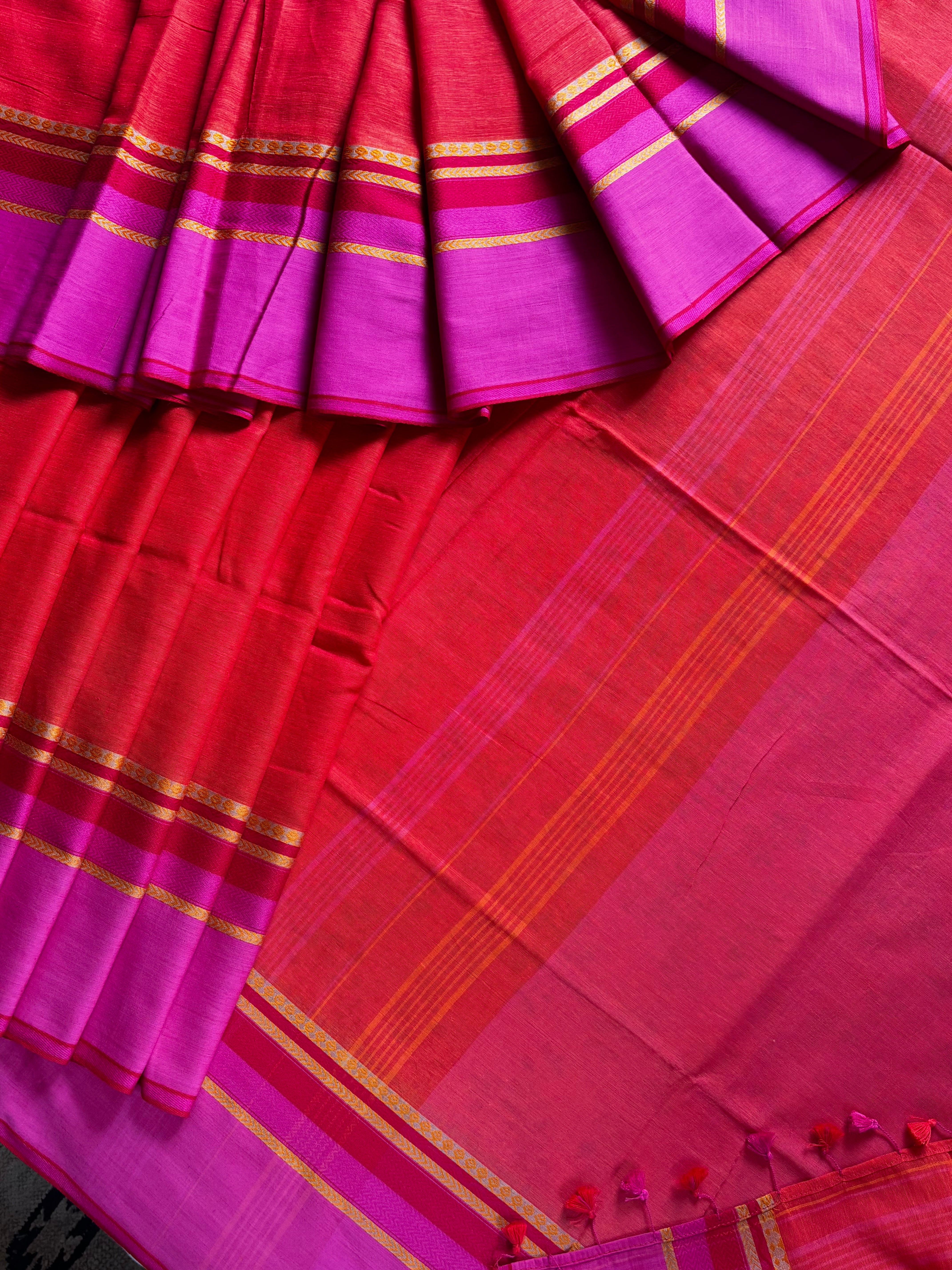 Handwoven Orange Magenta Colour Phulia Cotton Saree