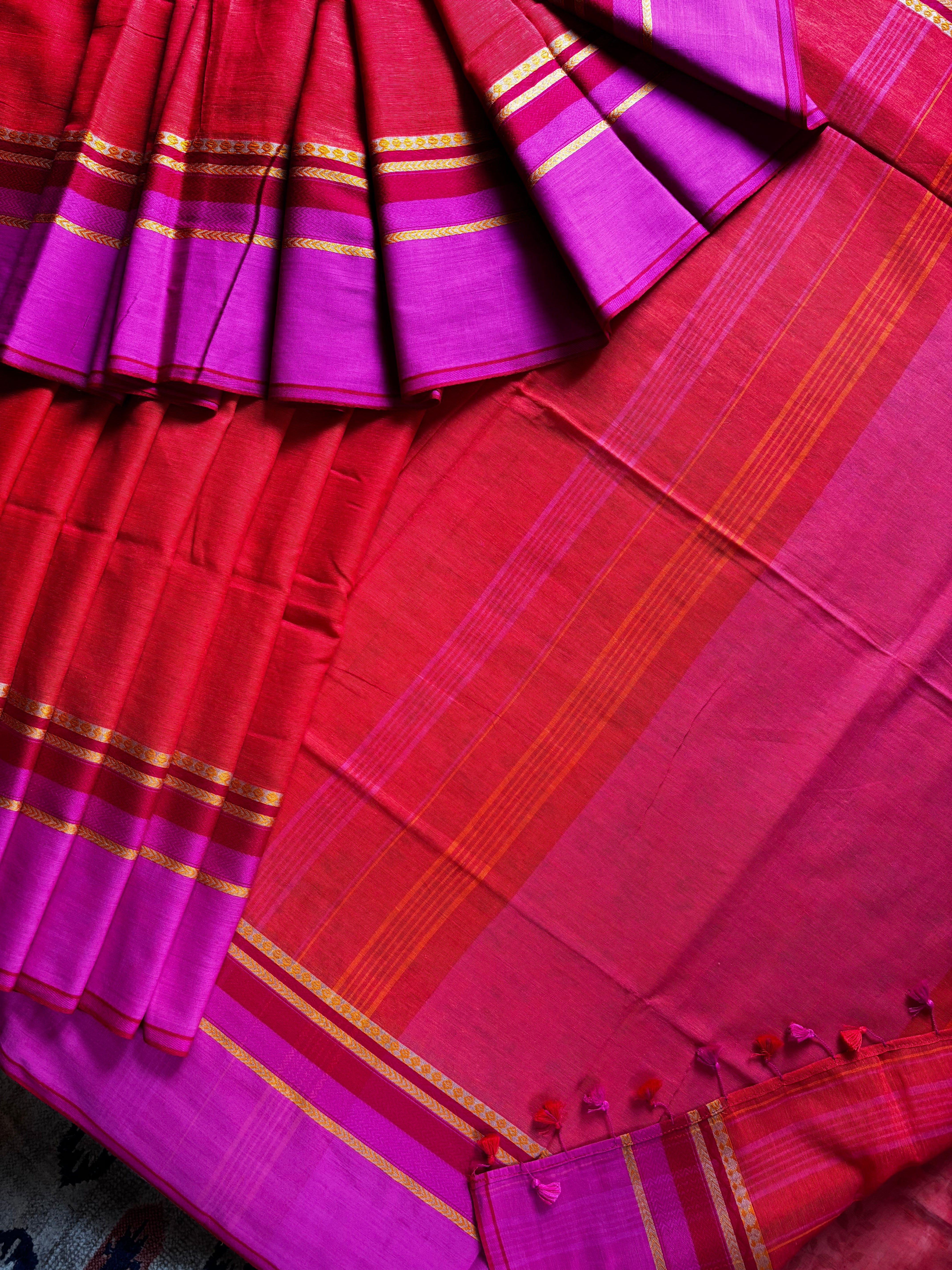 Handwoven Orange Magenta Colour Phulia Cotton Saree