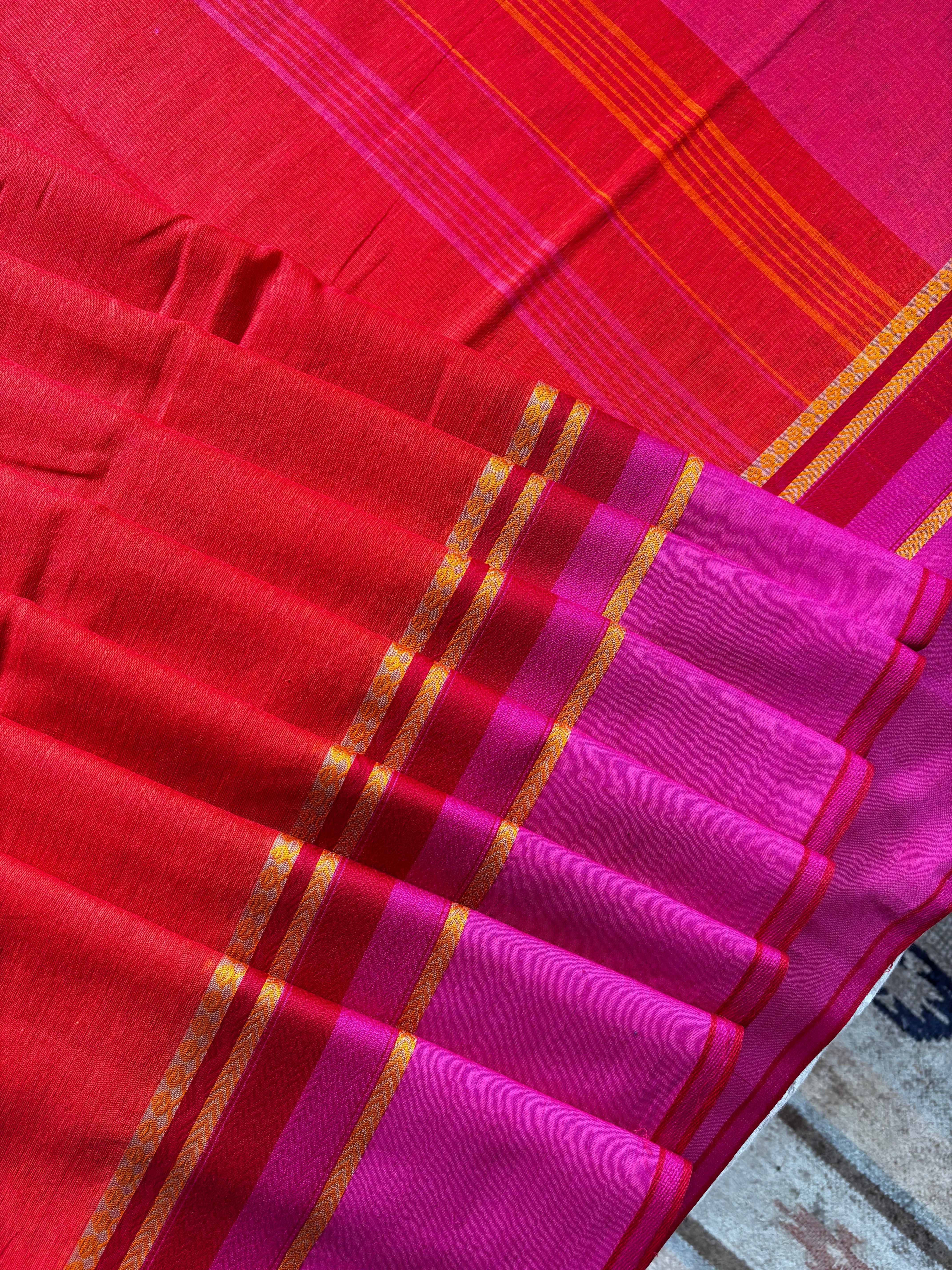Handwoven Orange Magenta Colour Phulia Cotton Saree
